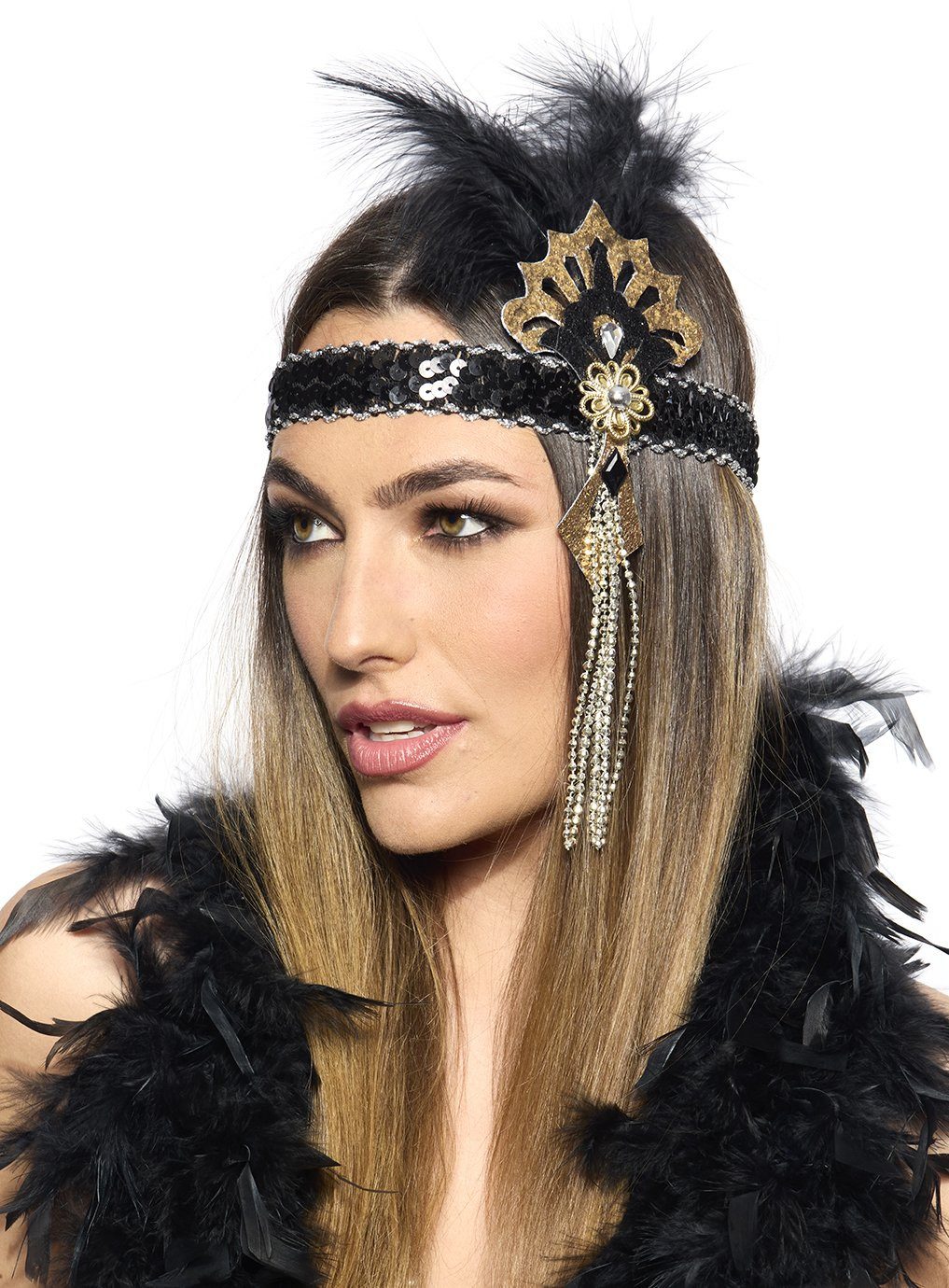 Metamorph Kostüm Flapper Haarband schwarz-gold, Dekorativer 20er Jahre Kopfschmuck mit Federn