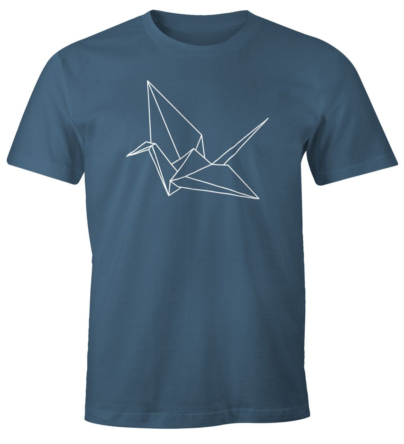 MoonWorks Print-Shirt Herren T-Shirt Origami Kranich Crane Vogel Bird Geometrisch Moonworks® mit Print blau