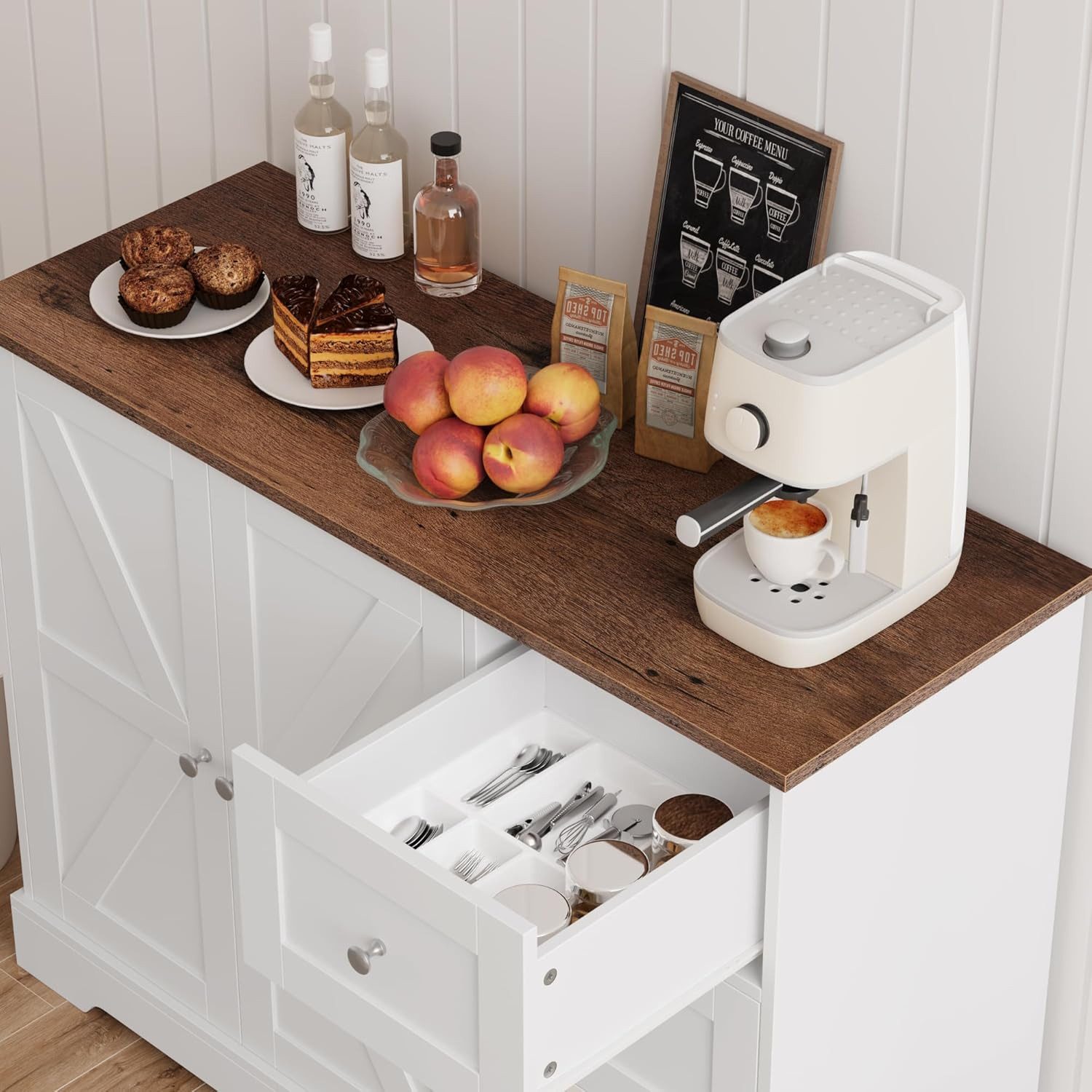 HOMECHO Sideboard, Küchenschrank mit Arbeitsplatte, Buffetschrank Weiß & Braun