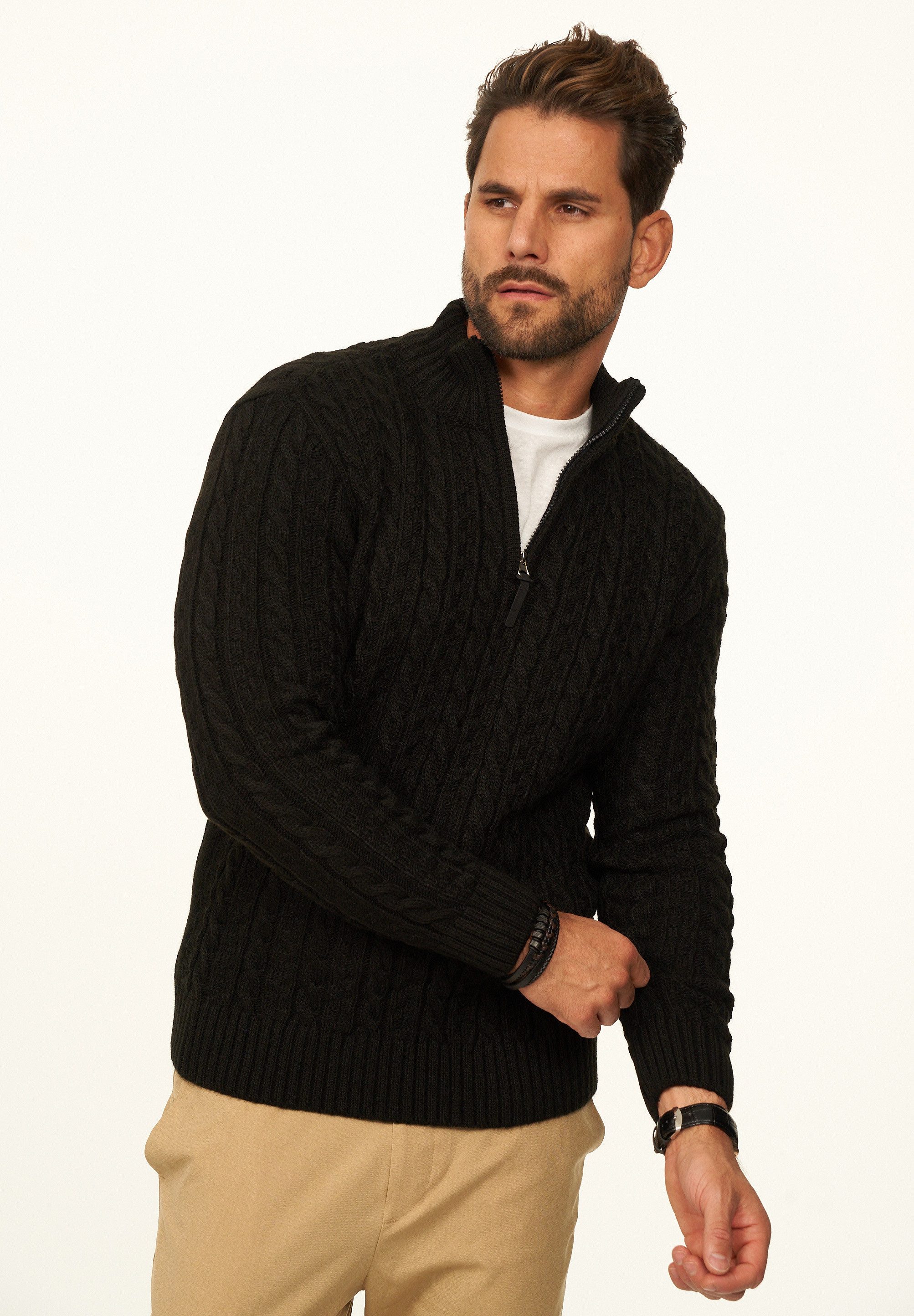 DAILY COTTON Strickpullover als Grobstrick Troyer Pulli mit Zopfmuster für Herren Männer Winterpullover Half-Zip im Regular-Fit