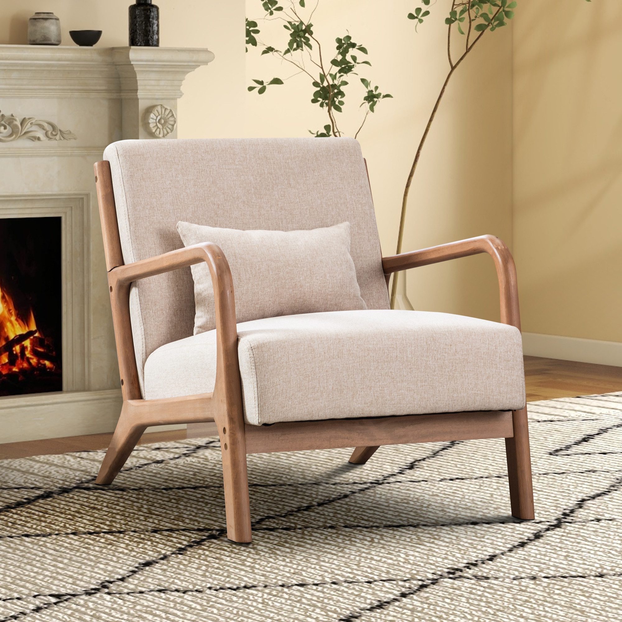 CANMOV Loungesessel Accent Sessel mit Kissen, Loungesessel mit Armlehnen, Armsessel (1-St), Natürliches Holz, Liegestuhl mit Armlehne und Kissen, für Wohnzimmer