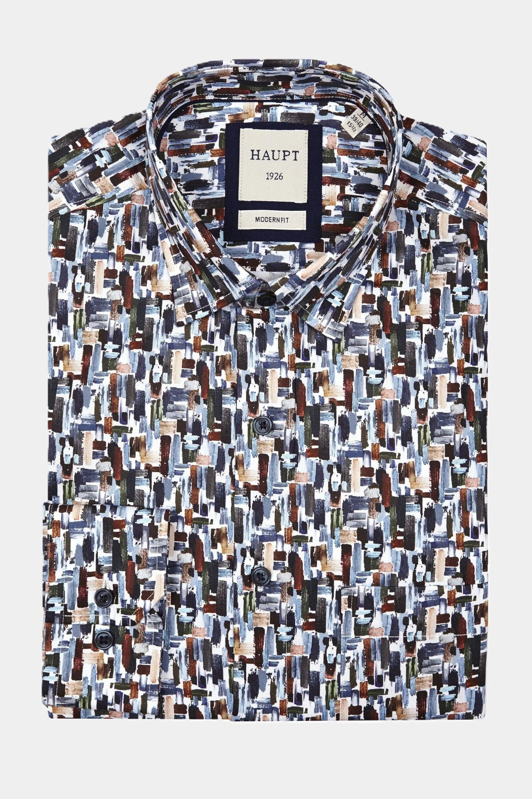 Haupt Langarmhemd Modern Fit Langarm Popeline-Herrenhemd Pinselprint Multicolor Style