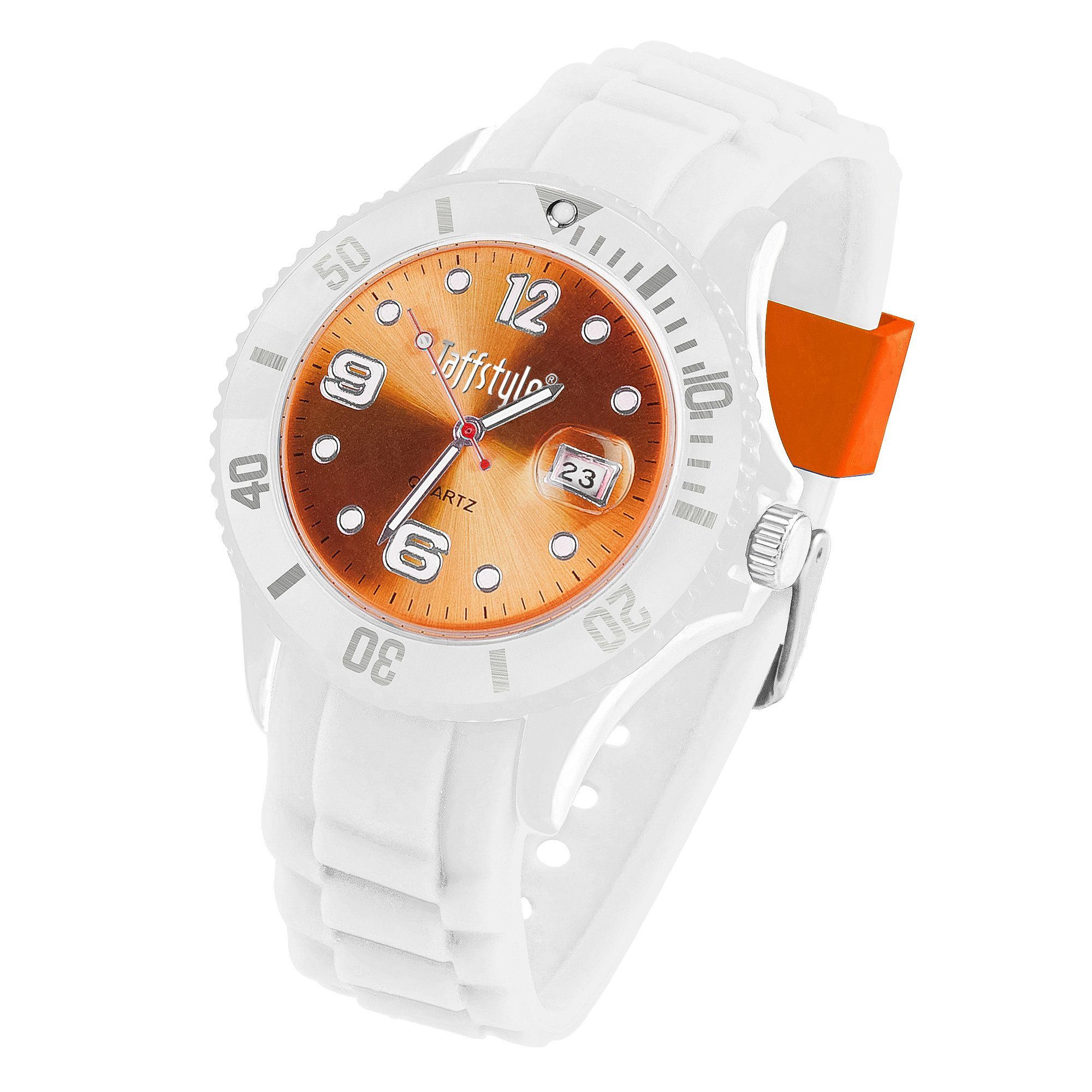 Taffstyle Quarzuhr Armbanduhr Analog Quarz Quarzuhr Multifunktion Damen Farbige Uhr Herren Sport Weiß Anzeige Sportuhr Silikon Wasserdicht Orange Datum, Bunte Ziffernblatt