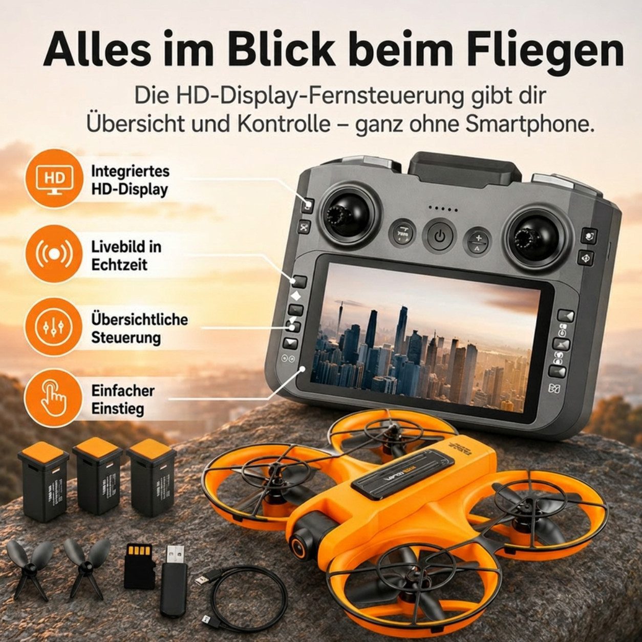 Goldstern-Tech RC-Quadrocopter Drohne (mit 12,5-cm Full-HD Display-Fernsteuerung bis 60min Flugzeit, komplett geschütztem Propellerdesign inkl. 8GB SD-Karte), Dualkamera mit 90° Winkel & 50x Zoom, Optical-Flow, Brushless-Motoren