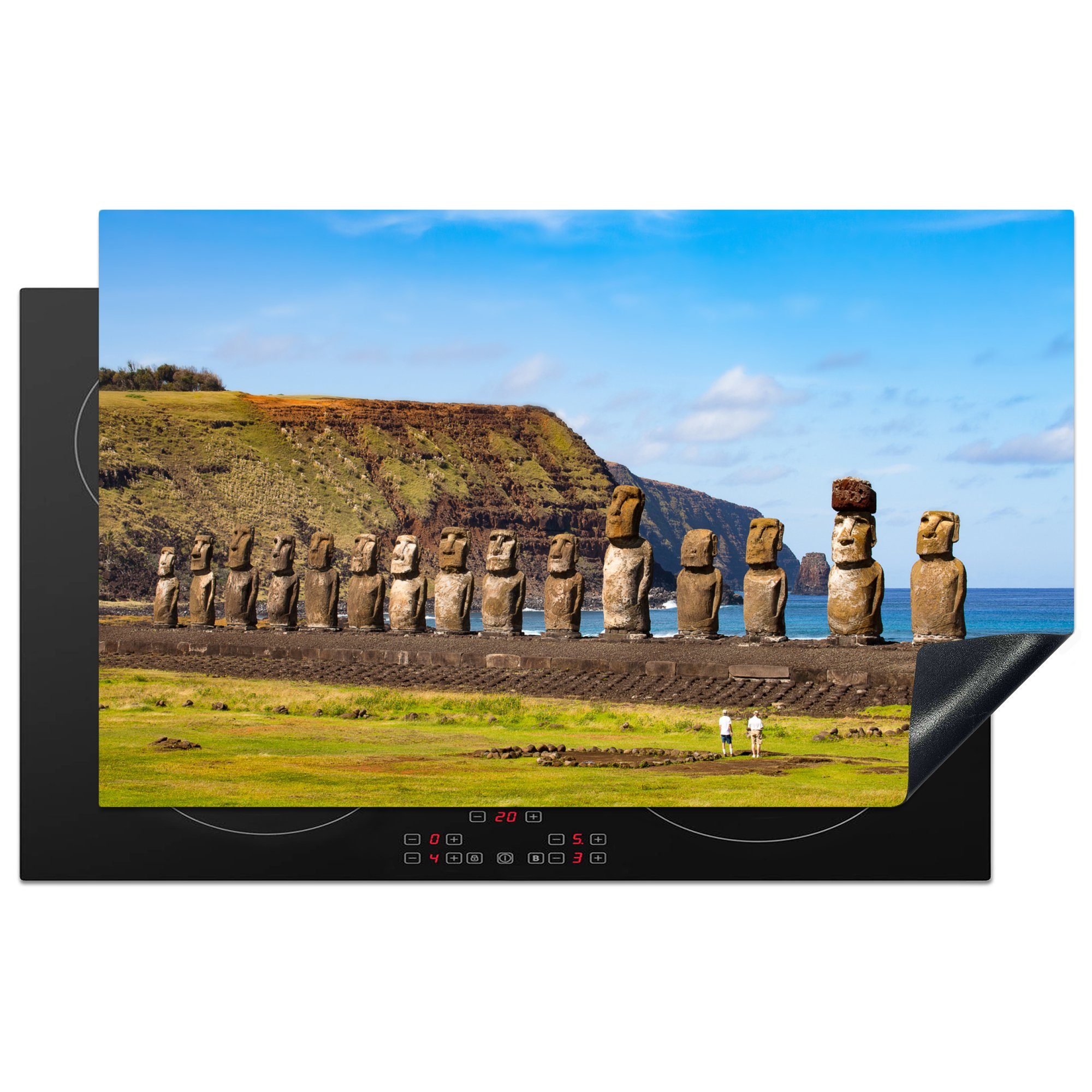 in Chile, tlg), Vinyl, Herdblende-/Abdeckplatte MuchoWow Fünfzehn Moai-Statuen für (1 riesige Arbeitsplatte Ceranfeldabdeckung, 83x51 cm, küche