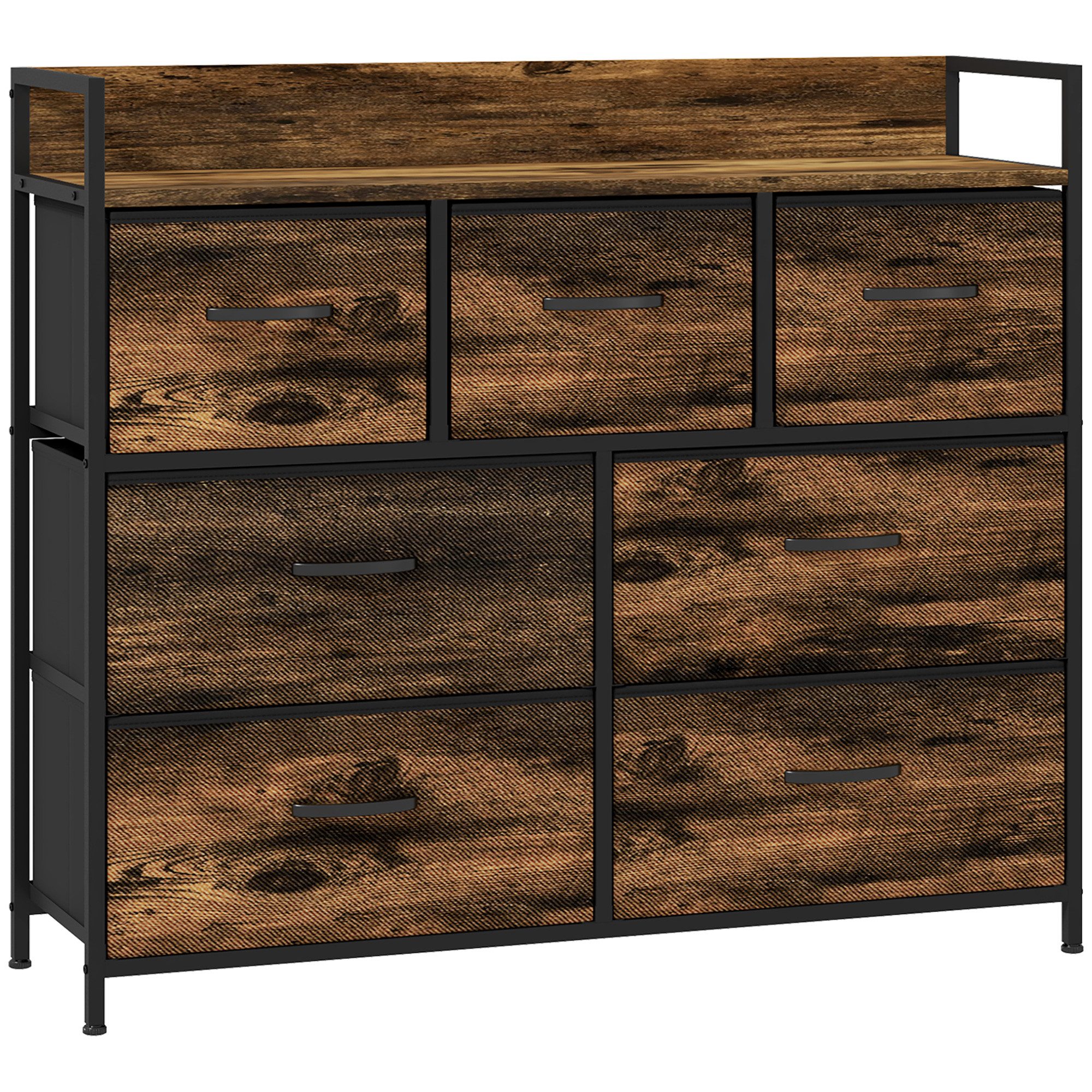 HOMCOM Kommode mit 7 Faltbaren Schubladen aus Stoff, Griff und Regal (Aufbewahrungsschrank, 1 St., Sideboard), für Schlafzimmer, Wohnzimmer, Rustikal-Braun