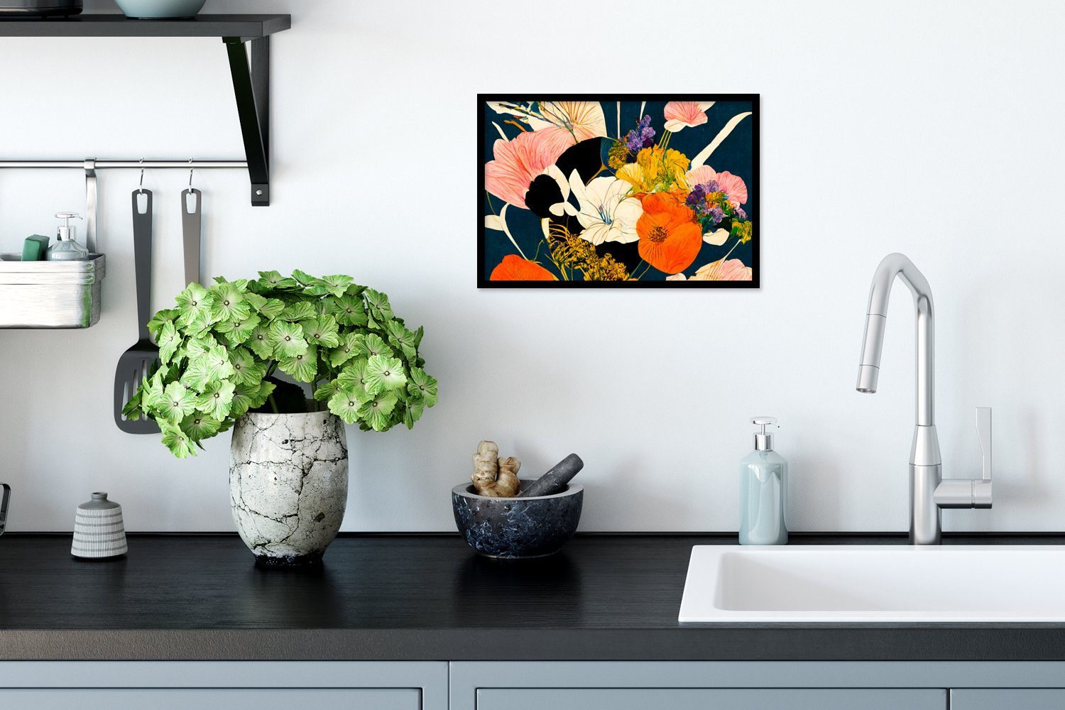 Schwarzem Bilder, Poster Wandposter, (1 Malerei Poster, - Blumen Gerahmtes Wanddeko, - Pflanzen, St), MuchoWow Bilderrahmen Vase -