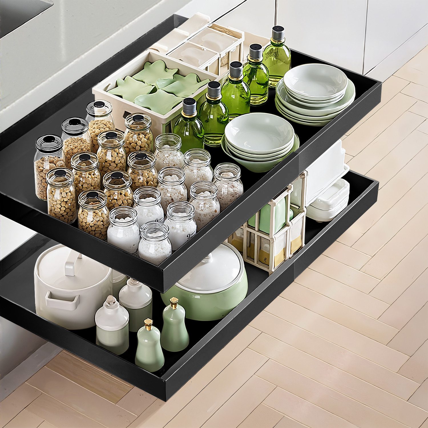 DARDVORLAG Küchenorganizer-Set 2 x Teleskopschublade, ausziehbare Küchenschublade, (2-tlg), mit ausziehbarem Design, aus robustem Kohlenstoffstahl