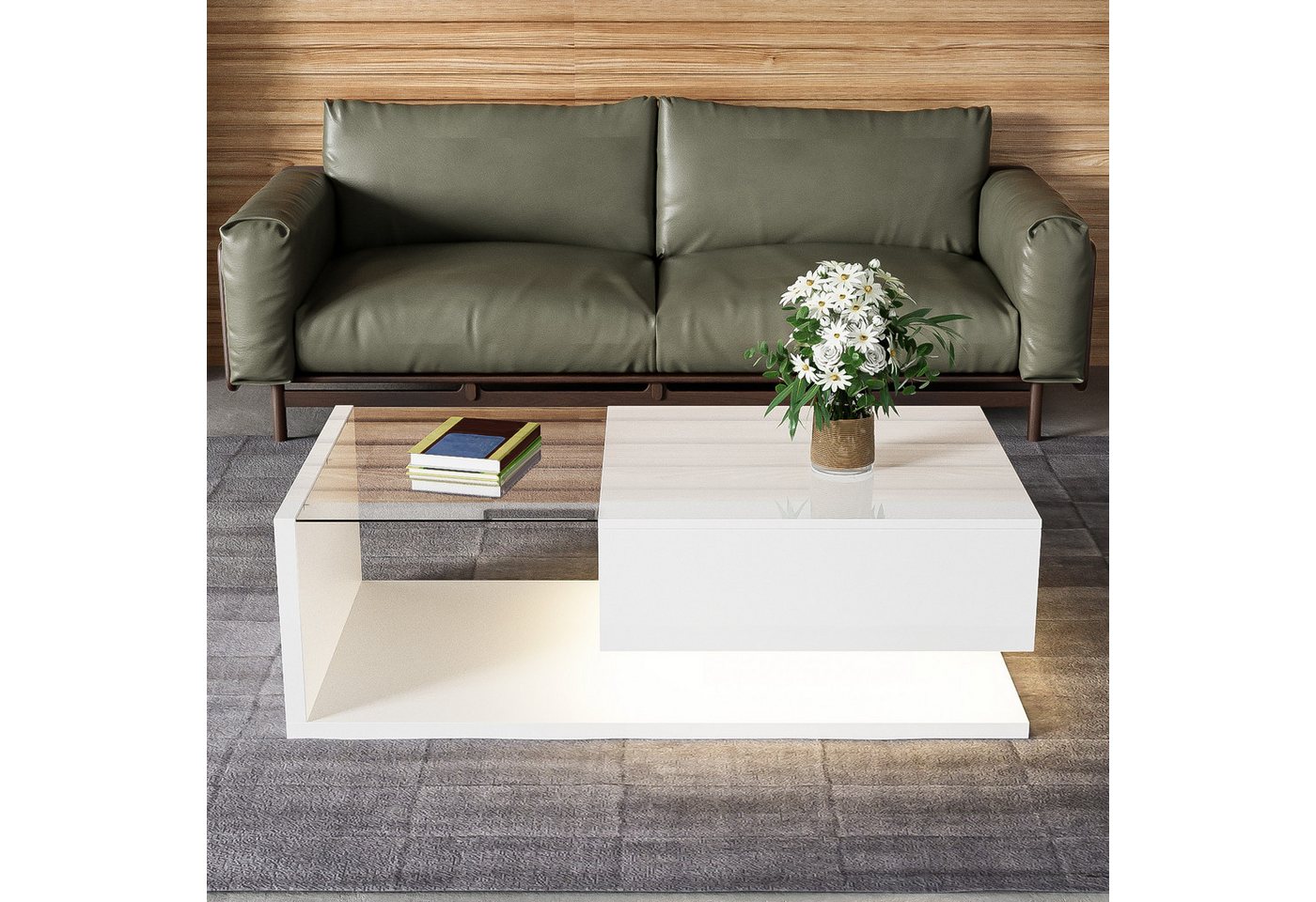 Celya Couchtisch Beistelltische, Couchtische mit Glas und LED-Effekt