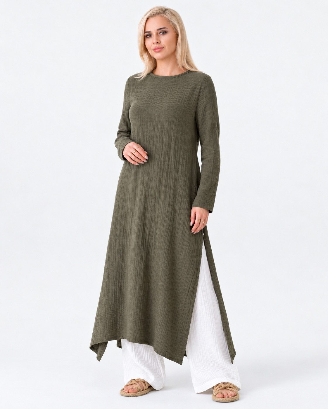 WENOR Longtunika Damen Musselin Longbluse Langarm mit Seitenschlitzen Modest Fashion extra langer Schnitt für bedeckte Looks – Bild 2 von 5