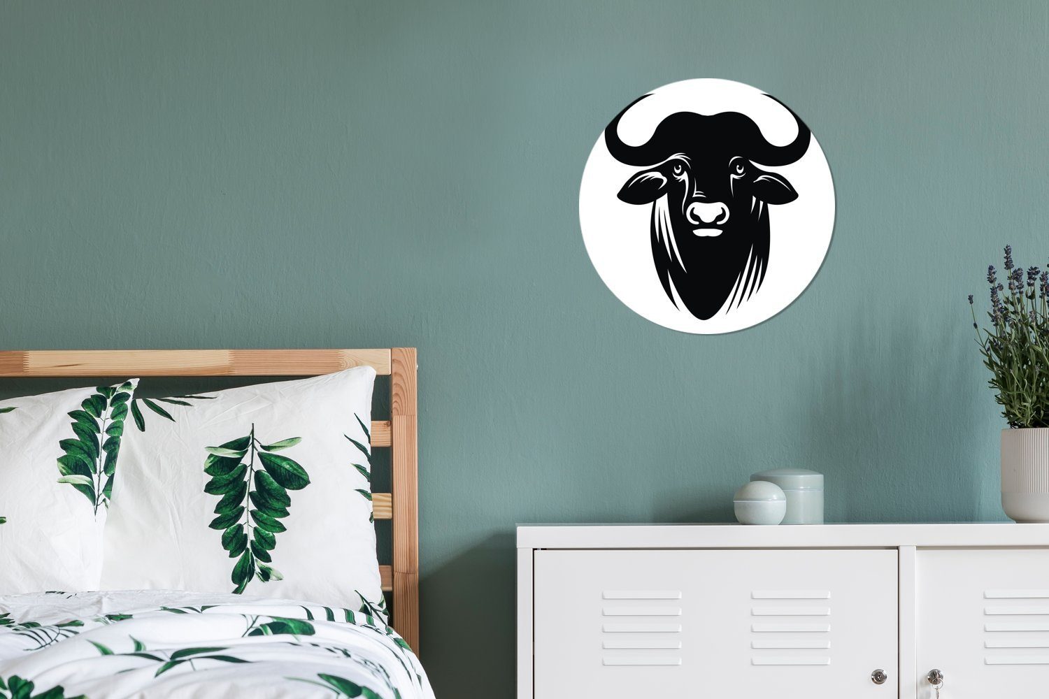 Wandsticker Wasserbüffels Tapetenaufkleber, eines MuchoWow des Wohnzimmer Schwarz-Weiß-Abbildung (1 St), Kinderzimmer, für Kopfes Tapetenkreis Rund,