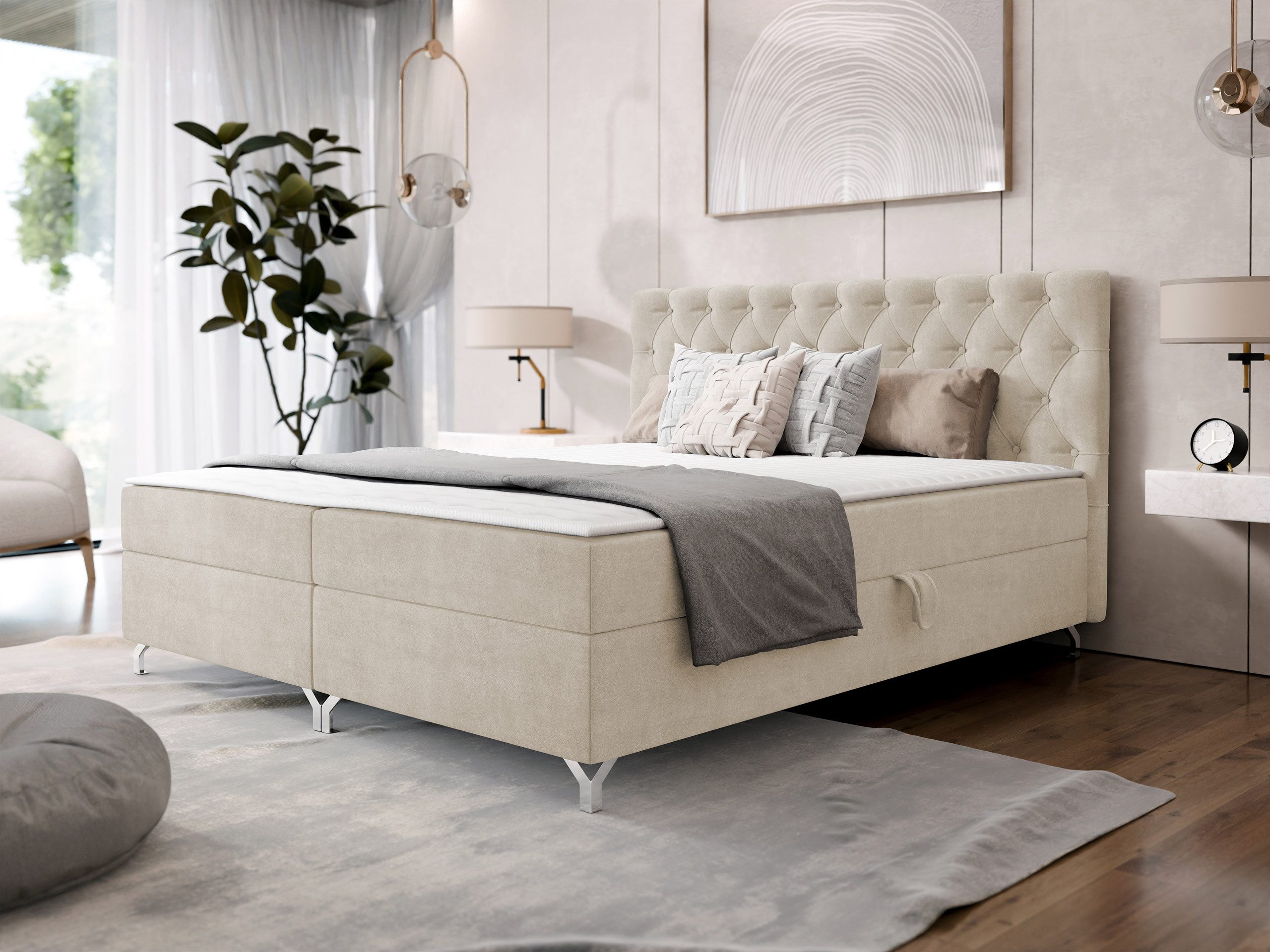 MIRJAN24 Boxspringbett Chester 2 (mit zwei Bettkästen), 140/160/180/200 cm, Verchromte Metallfüße