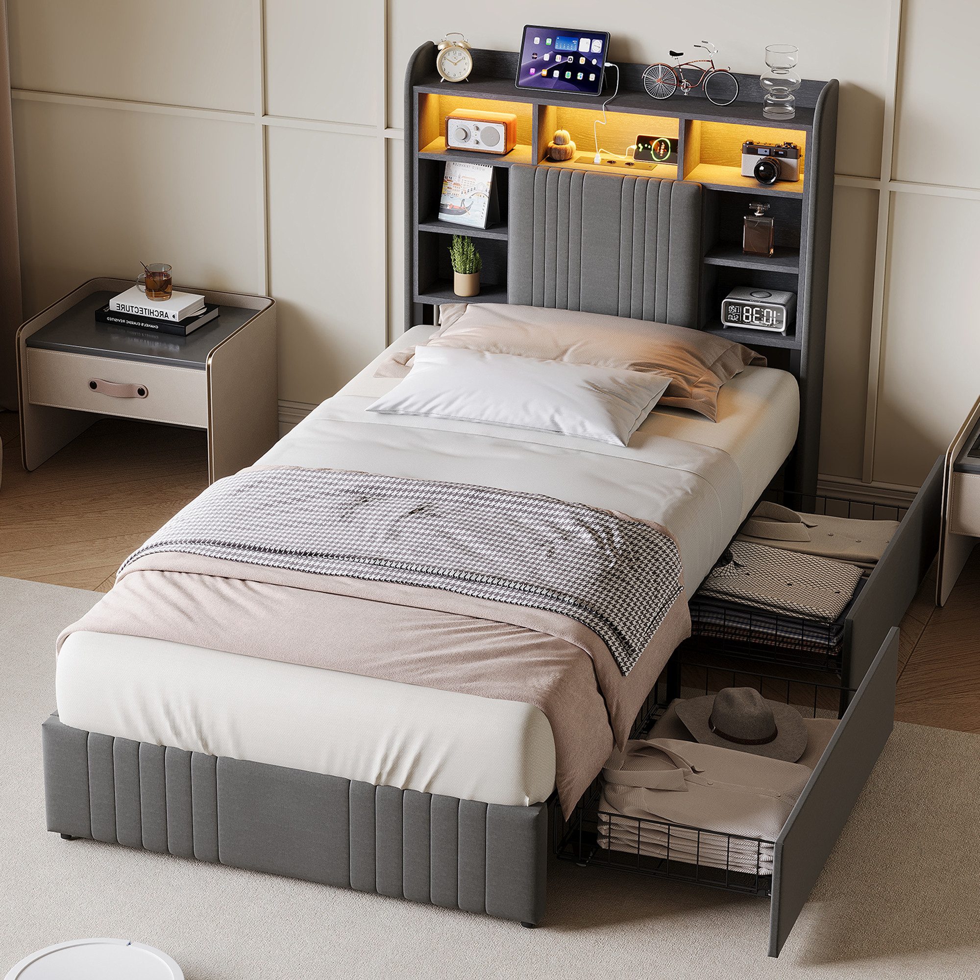 ADWOLT Polsterbett Doppelbett Stauraumbett Mit Stauraum (Packung), 90x200 cm,2 Schubladen,LED-Licht und USB + Typ-C,Leinenstoff-Grau