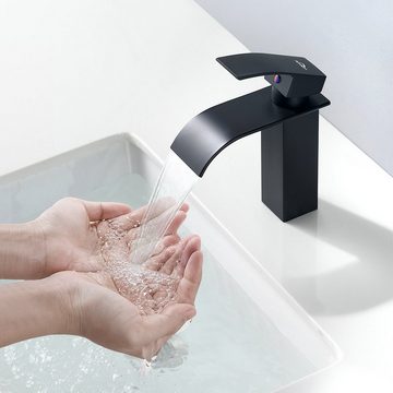 Auralum Waschtischarmatur Wasserfall Wasserhahn Badarmatur Waschbecken Mischbatterie (Armatur mit Pop Up Ablaufgarnitur) Schwarz