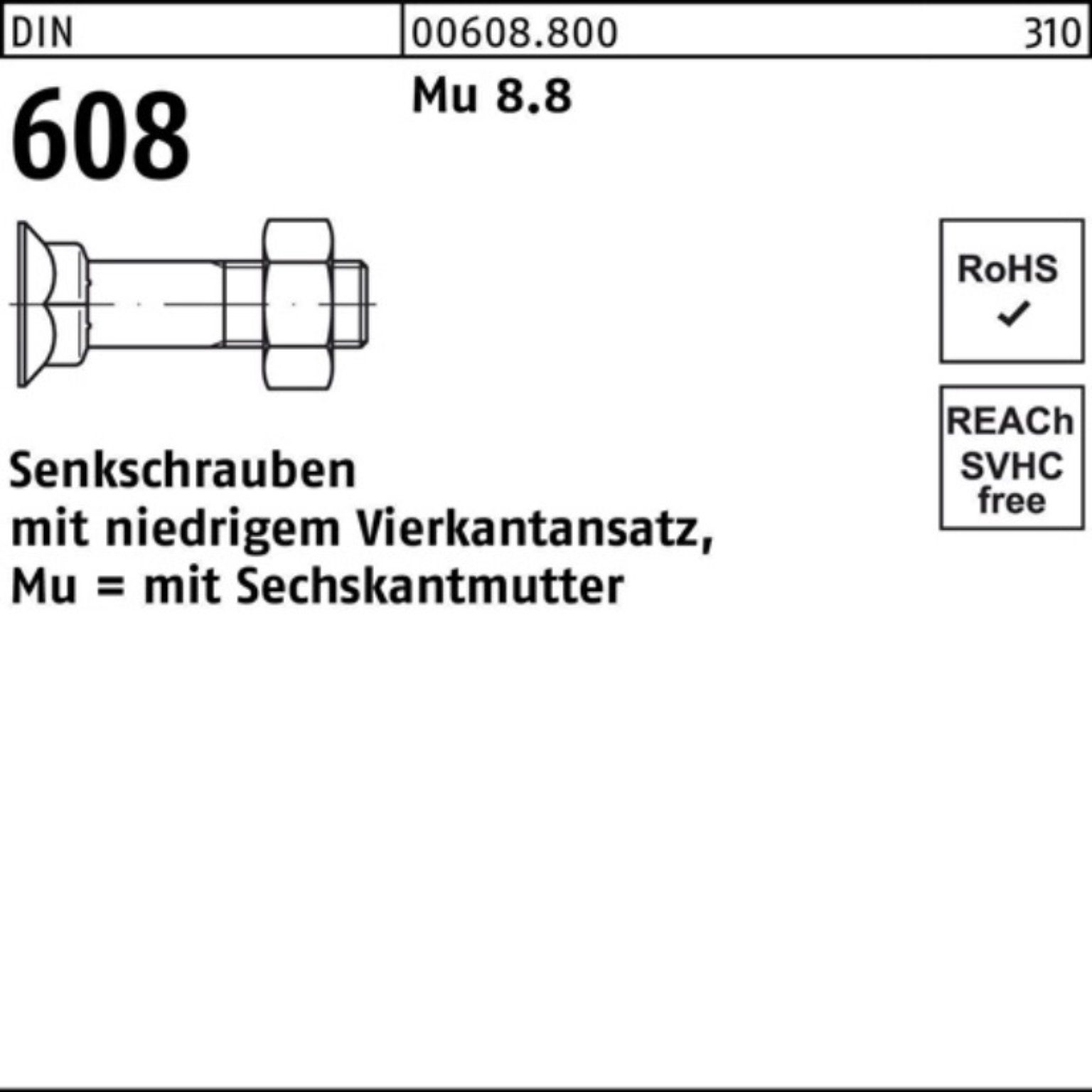 35 Pack DIN Senkschraube 1 608 100er 8.8 M12x Senkschraube 4-ktansatz/6-ktmutter Mu Reyher