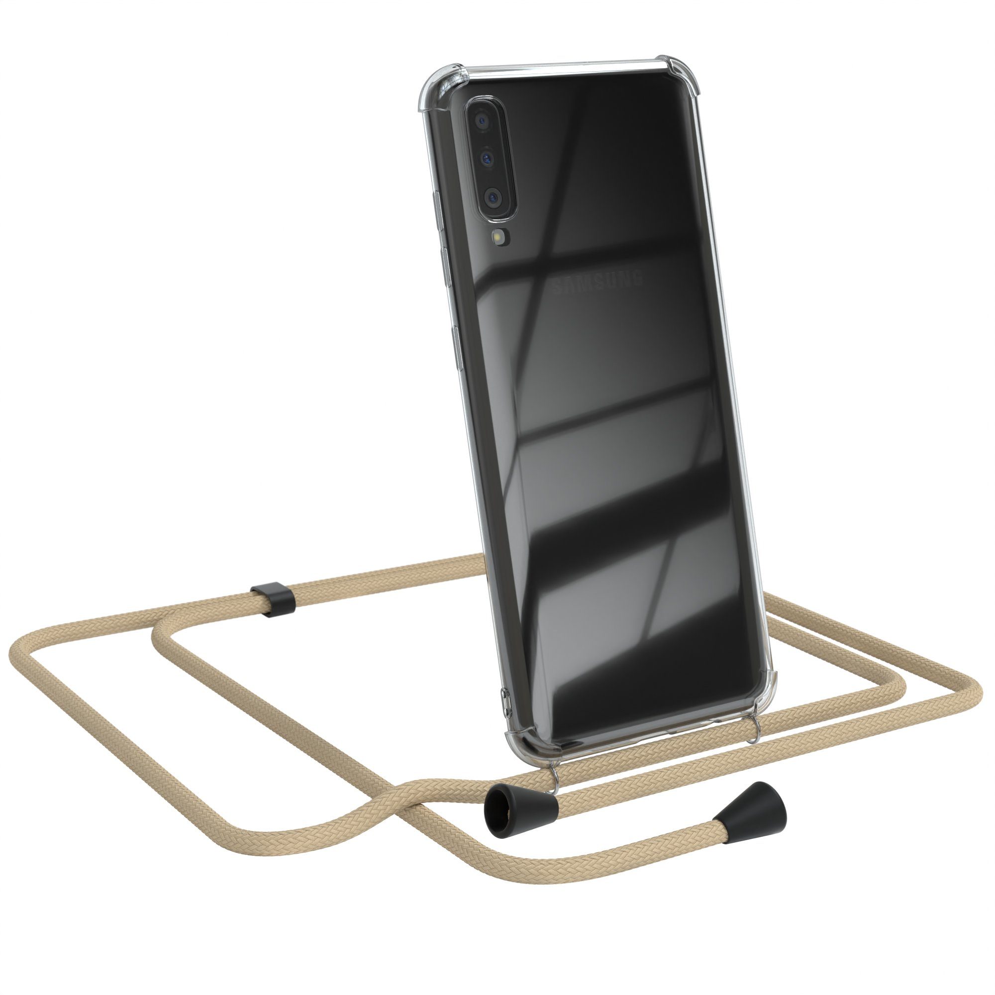 EAZY CASE Handykette Kette Clips Schwarz für Samsung Galaxy A70 6,7 Zoll, Handykordel Umhängetasche für Handy Hülle durchsichtig Beige Taupe