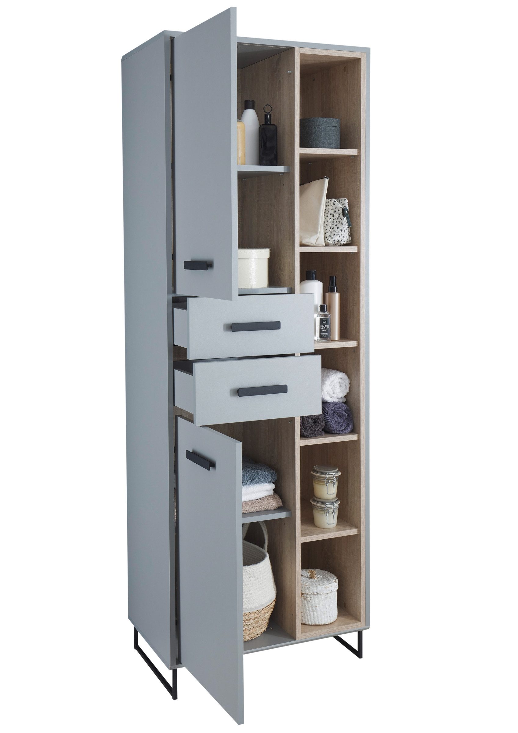 BEGA BBK Hochschrank 2 Türen, 2 Schübe, grau matt / sonoma eiche - 65x185x38cm (BxHxT)