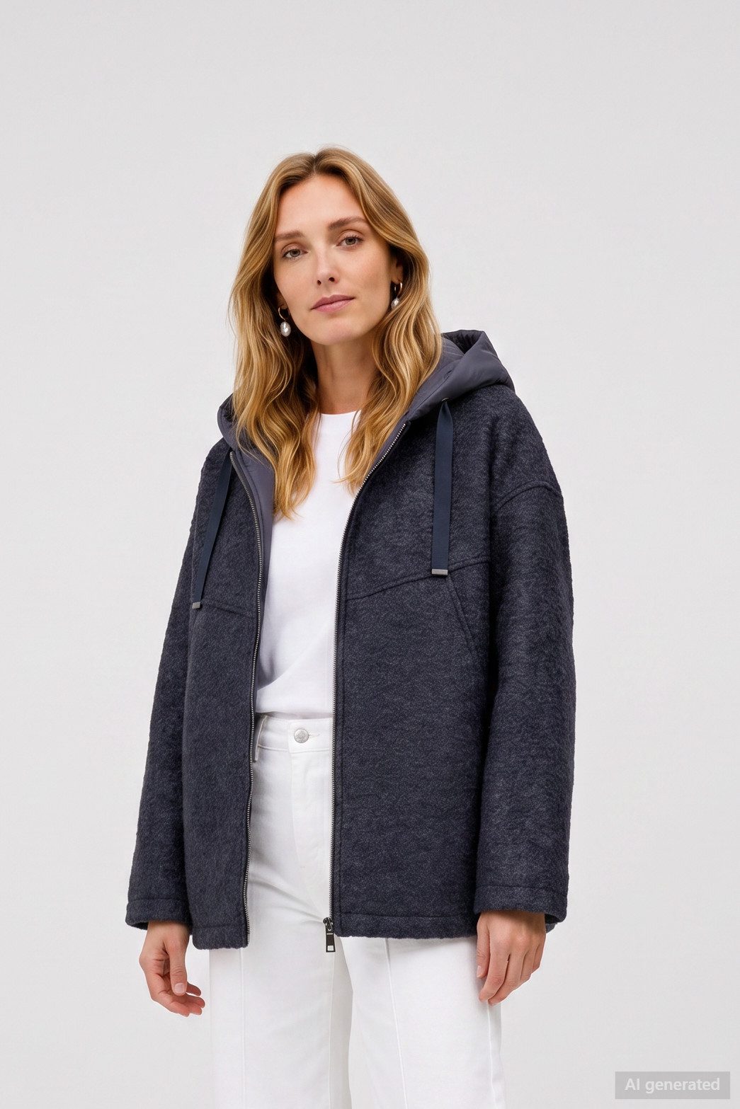 Barbara Lebek Wolljacke Boucléjacke Damen mit wattierter Kapuze