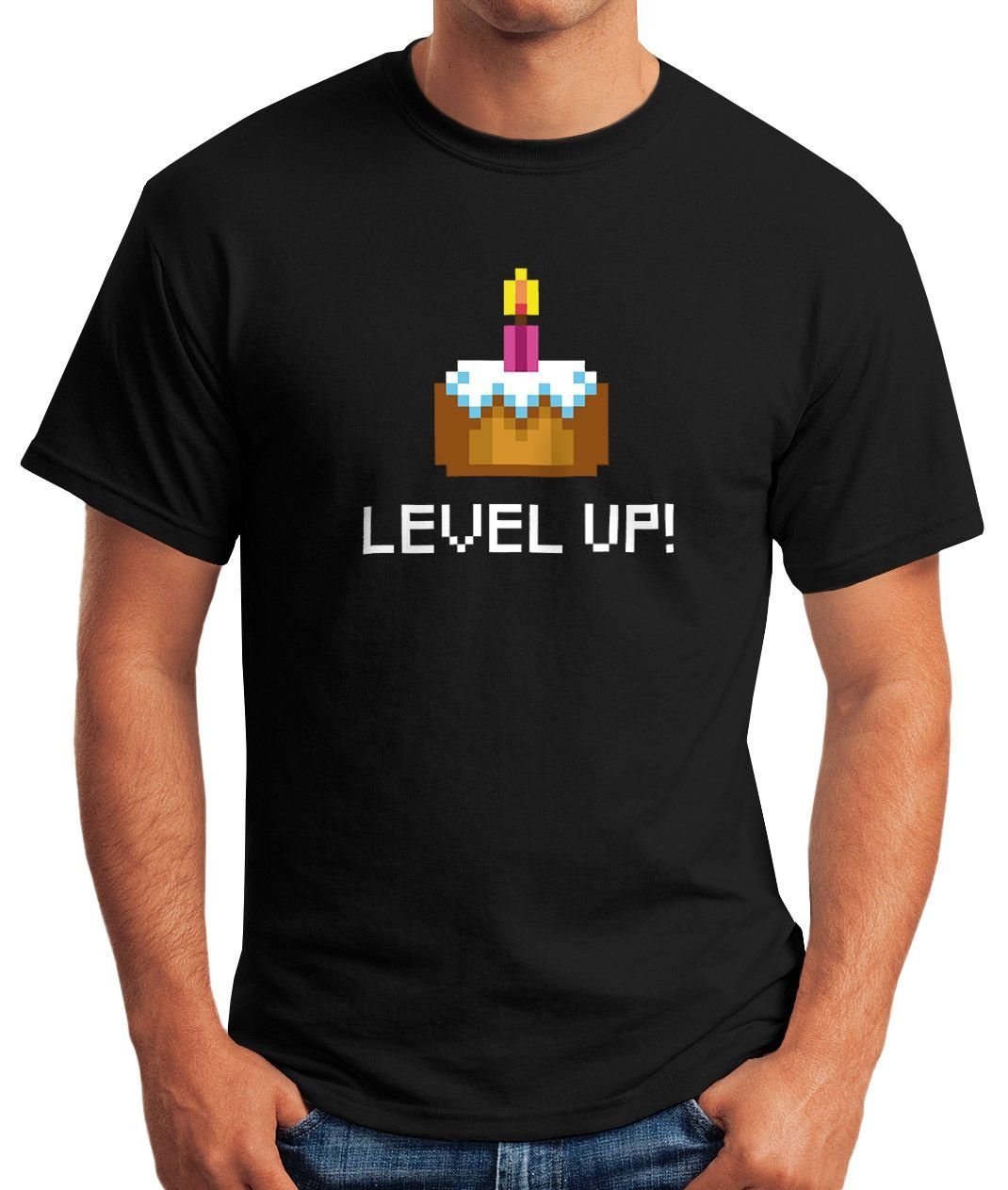 schwarz Pixel-Torte T-Shirt Geburtstag Moonworks® Fun-Shirt Print Up Pixelgrafik Herren mit Level Print-Shirt Gamer MoonWorks Retro Arcade Geschenk