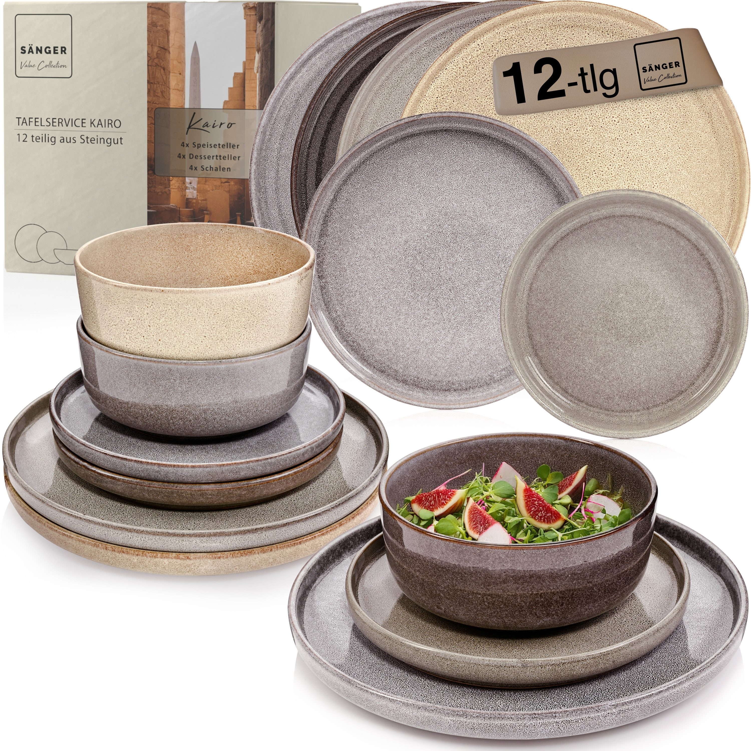 SÄNGER Tafelservice Kairo Geschirrset (12-tlg), 4 Personen, Steingut, Kairo, Handmade, Erweiterbar, VALUE COLLECTION