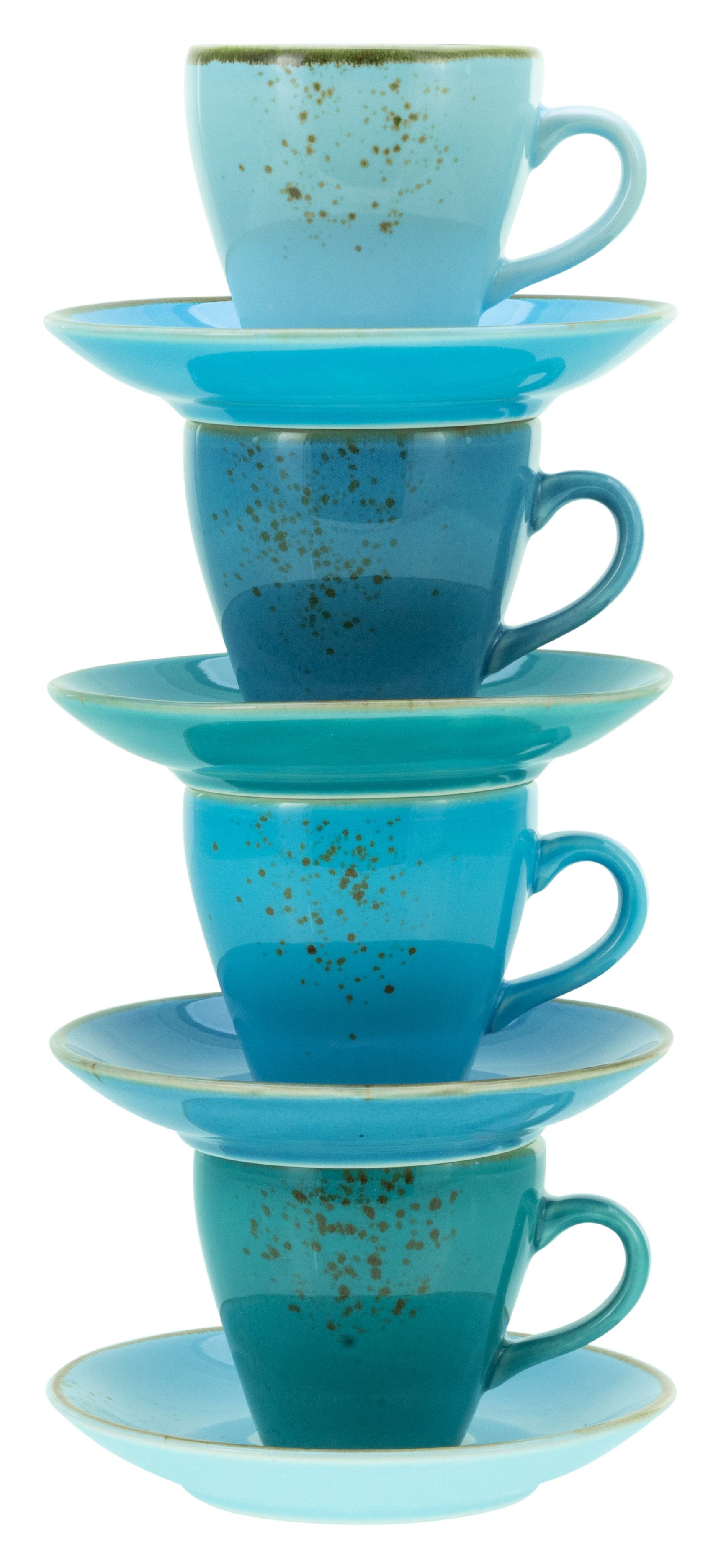 CreaTable Espressotasse Kaffeetasse NATURE COLLECTION Aqua, 8-tlg., Steinzeug, Tassen Set, aktuelle Blautöne mit Sprenkel, 4 Tassen, 4 Untertassen