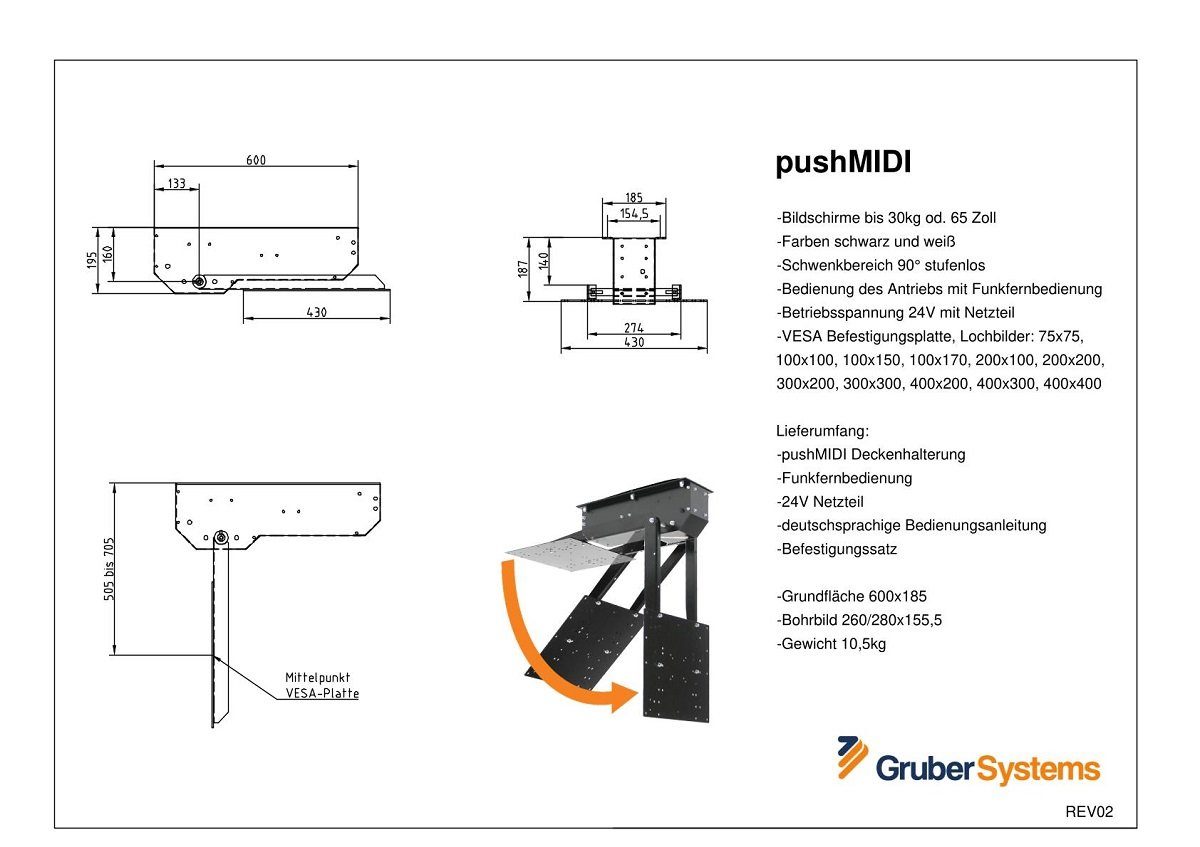 cleverUP pushMIDI - elektrisch schwenken bis Bildschirmdiagonale (bis 65Zoll/165cm drehen, Zoll, 65,00 TV-Deckenhalterung, weiß teleskopieren) klappen