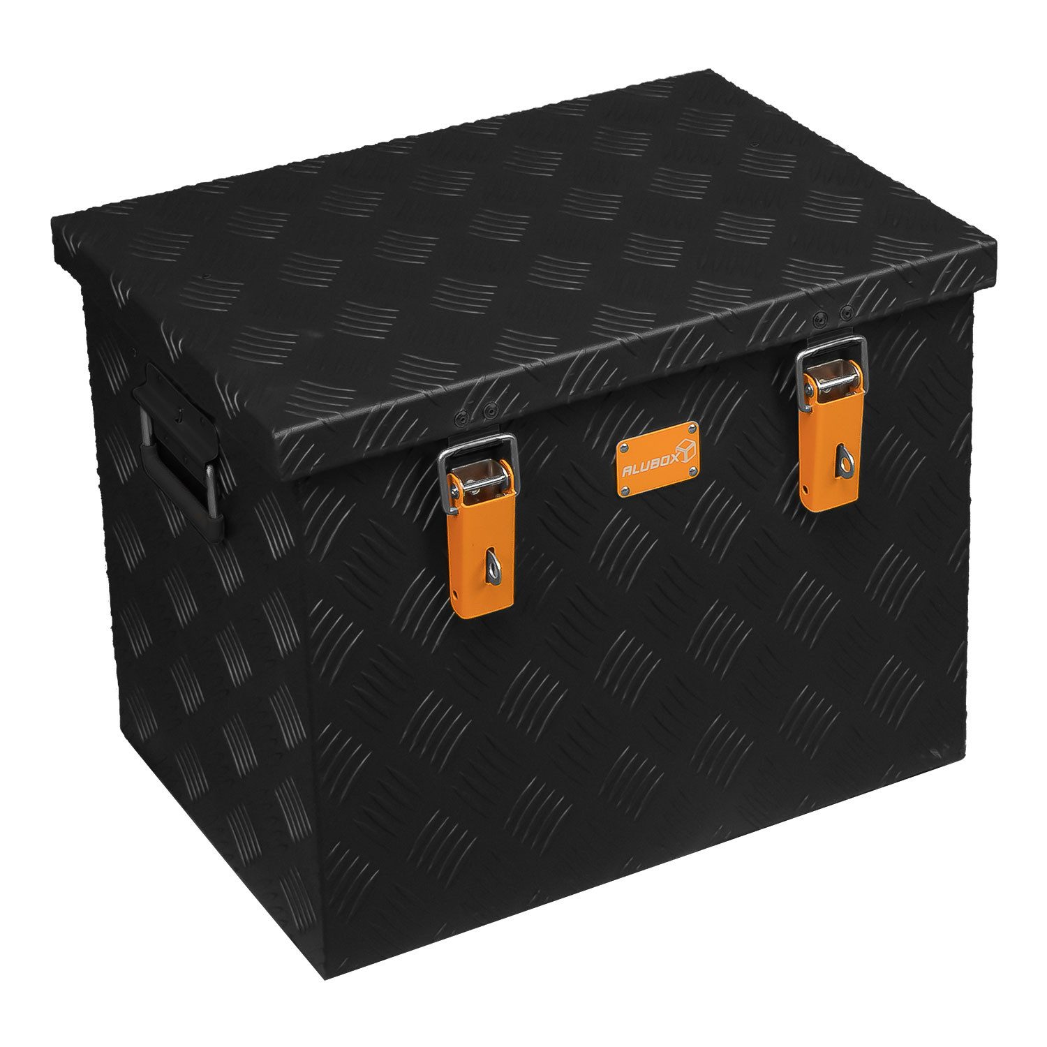 ALUBOX Aufbewahrungsbox Riffelblech Gartenbox outdoor Alukiste schwarz (70 Liter), Fangbänder im Deckel - 4 Standfüße mit M10 Innenwinde - abschließbar