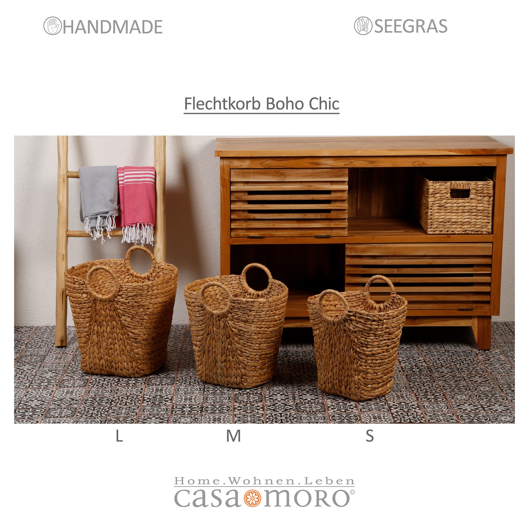 Casa Moro Aufbewahrungskorb Flechtkorb mit Henkel Naturkorb aus Seegras geflochten (Scandi Landhaus Stil), Weidenkorb Deko Korb Aufbewahrung Korbtasche Boho Chic S IN20