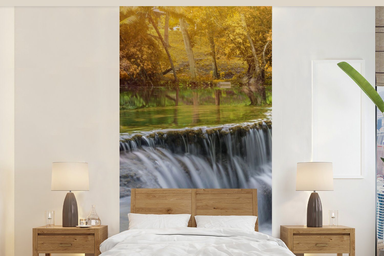 MuchoWow Fototapete Herbst - Wasserfall - Natur - Bäume, Matt, bedruckt, (2 St), Vliestapete für Wohnzimmer Schlafzimmer Küche, Fototapete