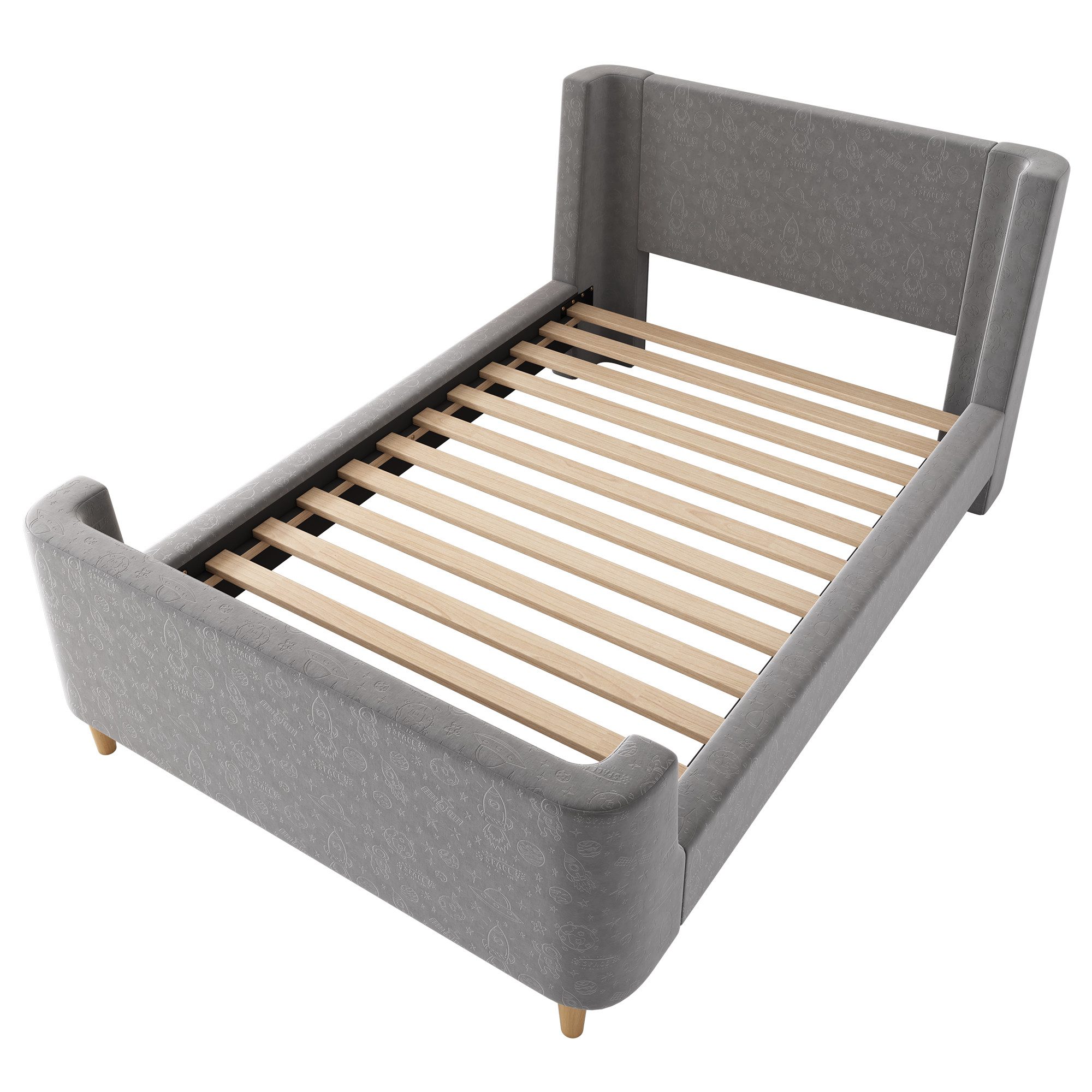IDEASY Kinderbett Schlittenbett 90x200cm Beige/Grau/Rosa, Für Jungen & Mädchen (Jugendbett, Ohne Matratze), mit kosmischem Muster, Samt Polsterbett