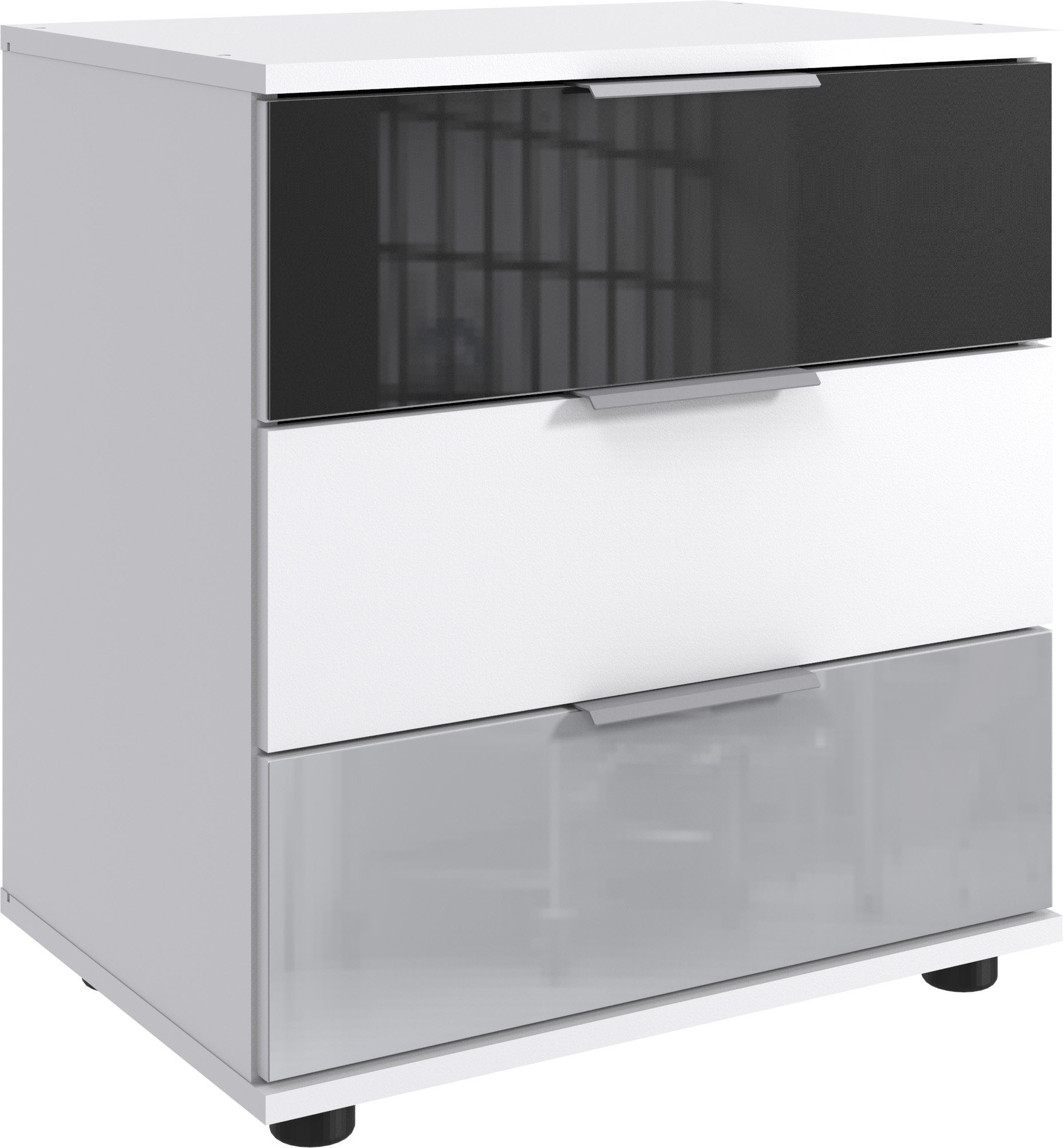 Nachtkommode in WEISS+ABS. GLAS GREY+GLAS LIGHT GREY mit 3 Schubladen