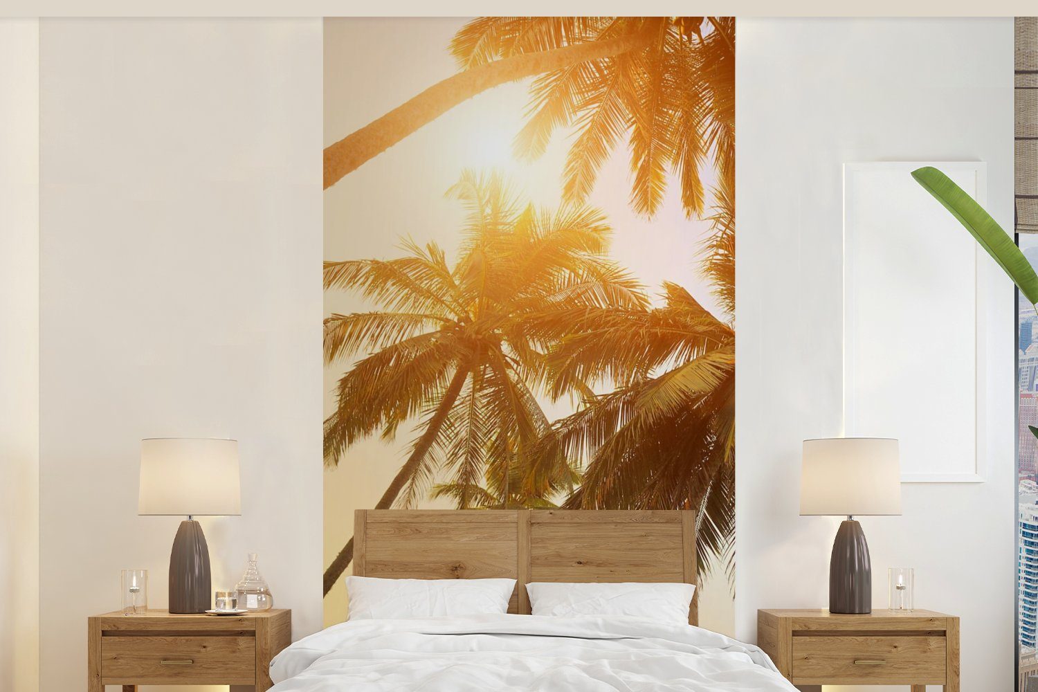Vliestapete Sommer - Wohnzimmer Sonne für Palme Schlafzimmer - Fototapete (2 Fototapete Matt, - MuchoWow St), Küche, bedruckt, Tropisch,