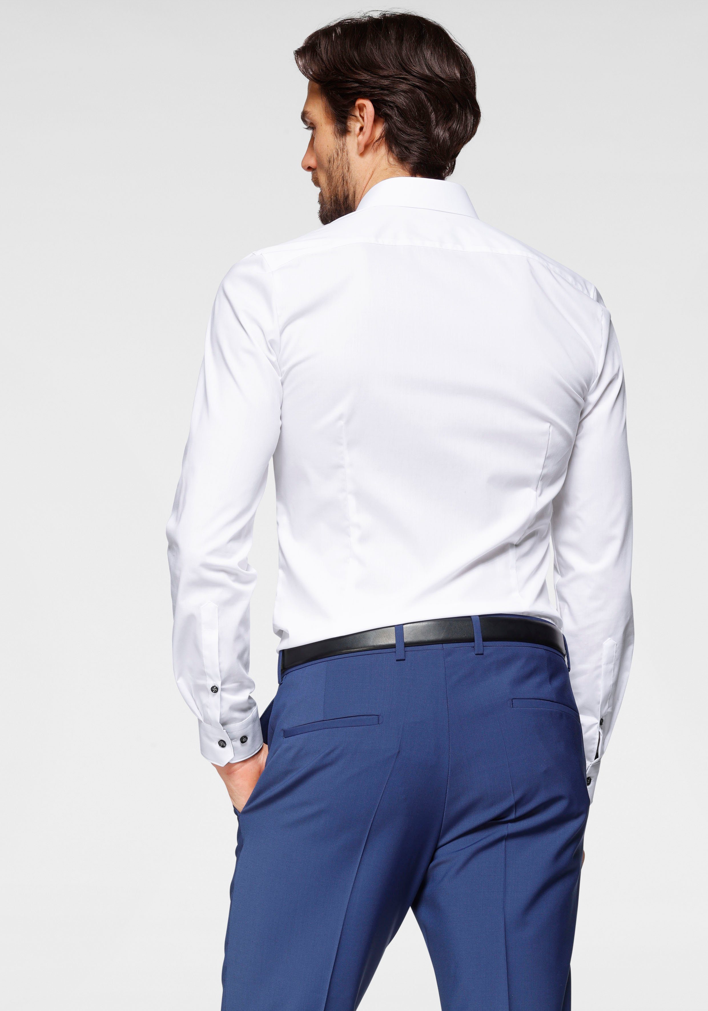 Six Comfort OLYMP slim Stretch, super weiß-anthrazit-kontrastfarbene Details No. Businesshemd slim, super bügelleicht