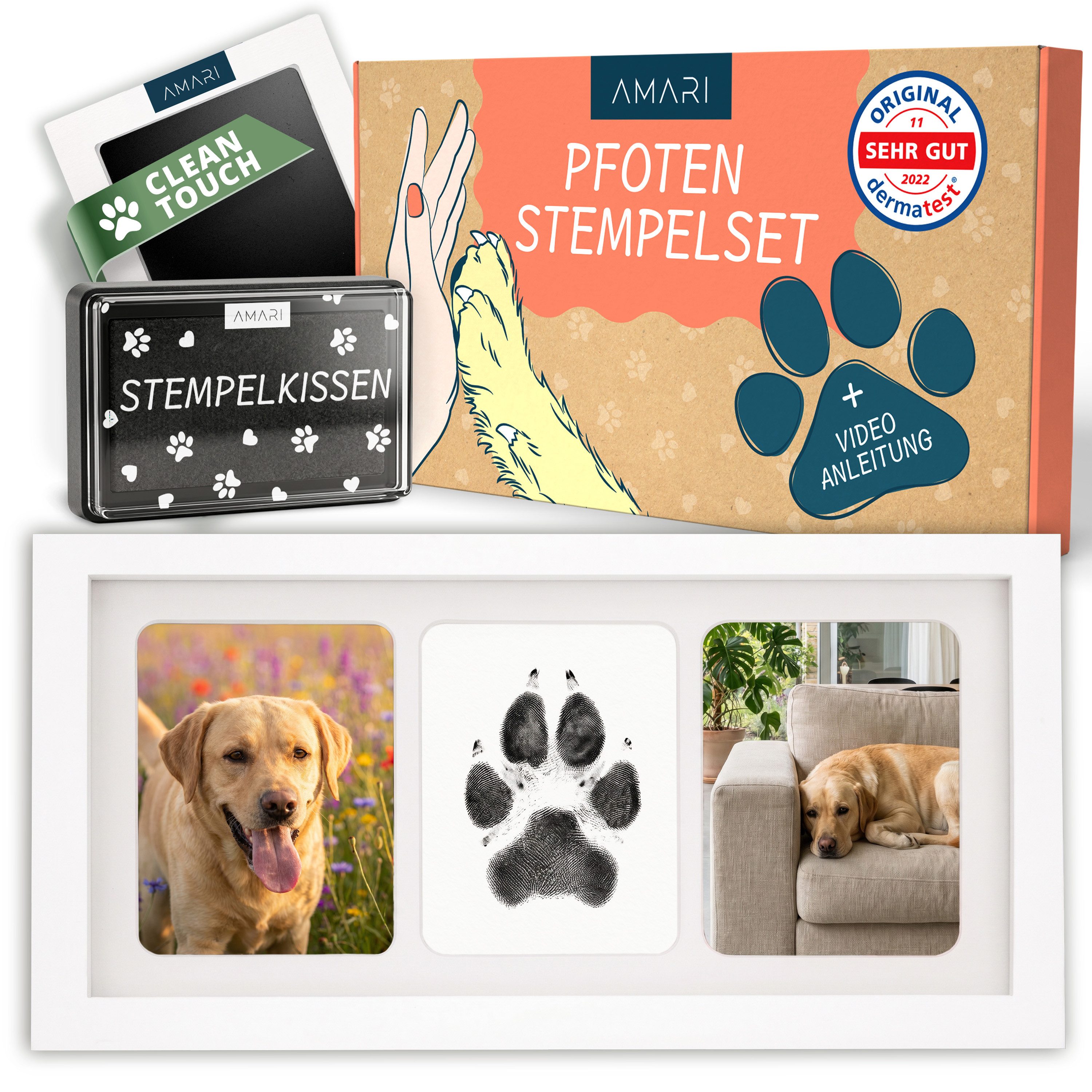 Amari Handabdruck-Set Pfotenabdruck Set Hund & Katze mit Bilderrahmen & Clean-Touch Pad, Stempelabdruck ohne Farbe an der Pfote, 2 Stempelkissen, 4 Druckkarten & Videoanleitung, Geschenk für Hunde- & Katzenbesitzer, Erinnerung an deinen Vierbeiner
