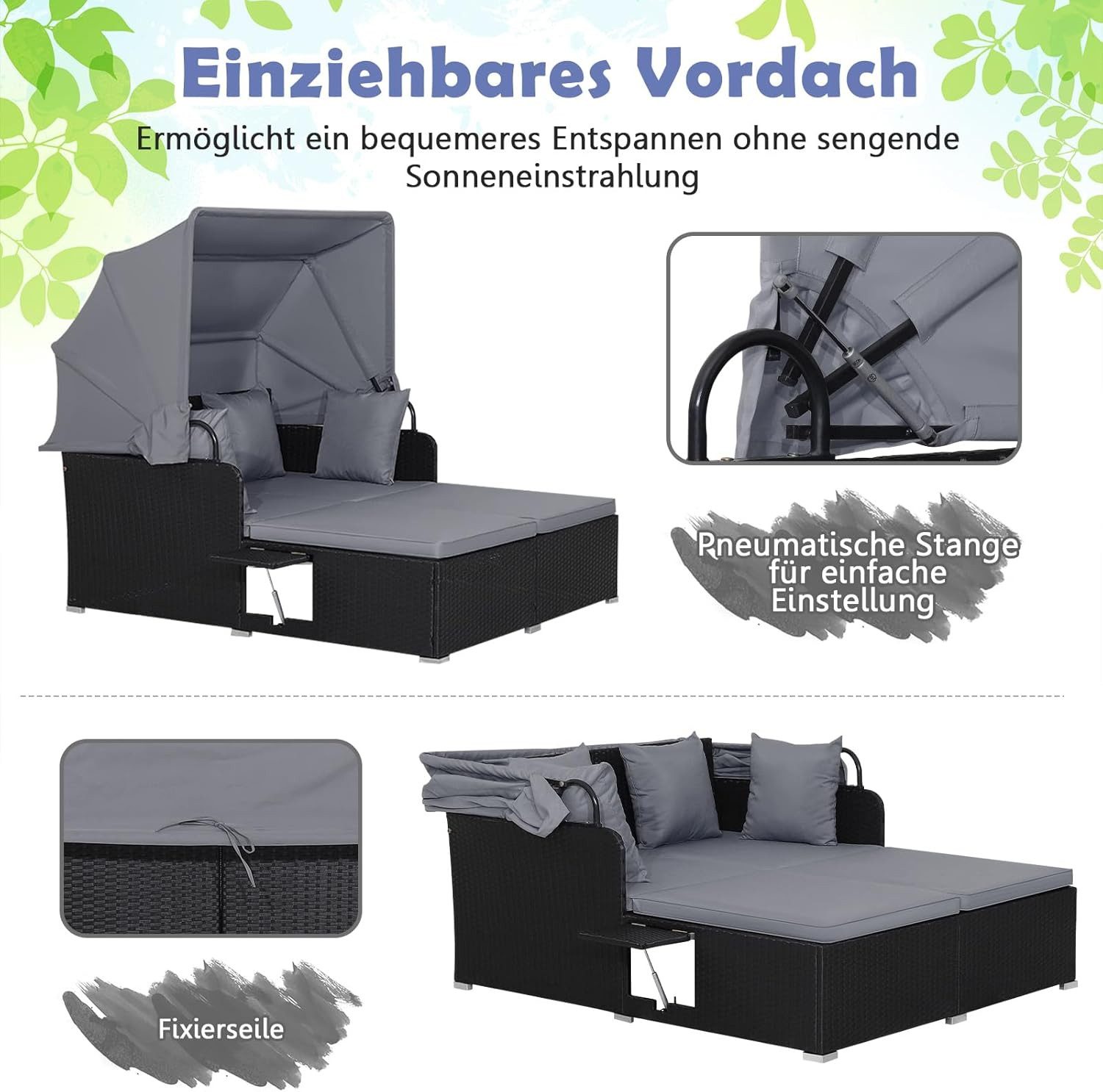 COSTWAY Loungebett, Rattan, 2-Personen, mit einziehbarem Sonnendach, Kissen