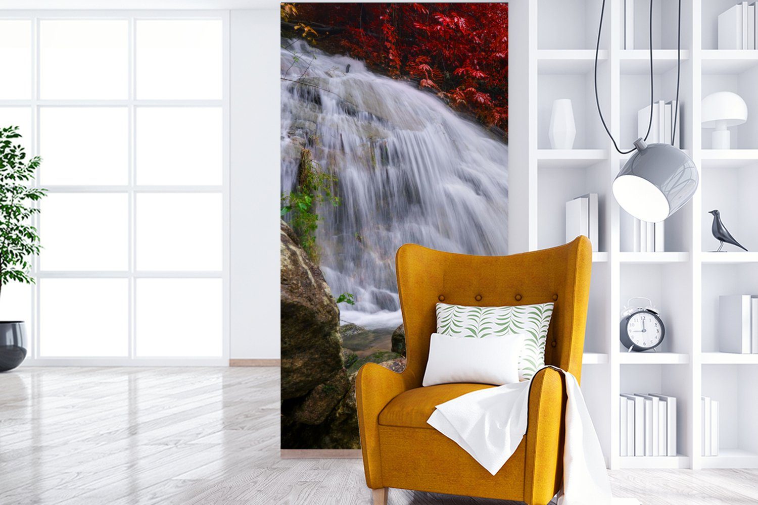 Herbst, Wohnzimmer bedruckt, St), Fototapete Wasser Wasserfall für (2 Schlafzimmer Fototapete Matt, Vliestapete MuchoWow Felsen Küche, - - -