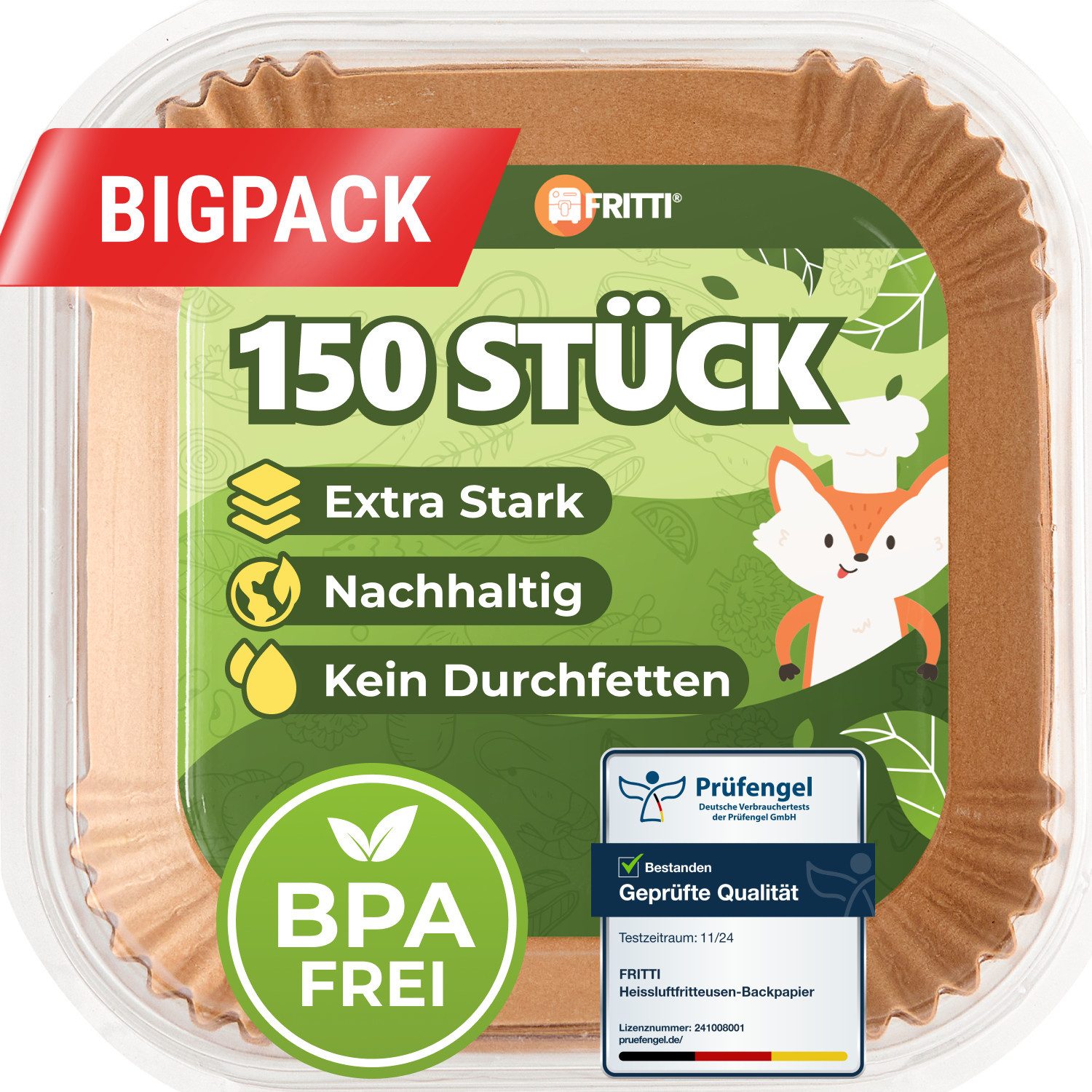 FRITTI Backpapier Backpapier für Heißluftfritteuse 150 Stück DEKRA geprüft, Quadratisch XL Heissluftfritteuse Zubehör Papier für Airfryer 4,5-8L
