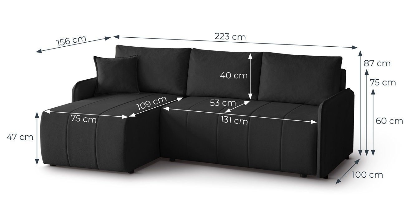 Beautysofa Ecksofa CAPRI modernes Sofa mit Schlaffunktion und Bettkasten, stilvolles Wohnzimmer-Ecksofa, Liegefläche 130×204 cm, universelle Ottomane