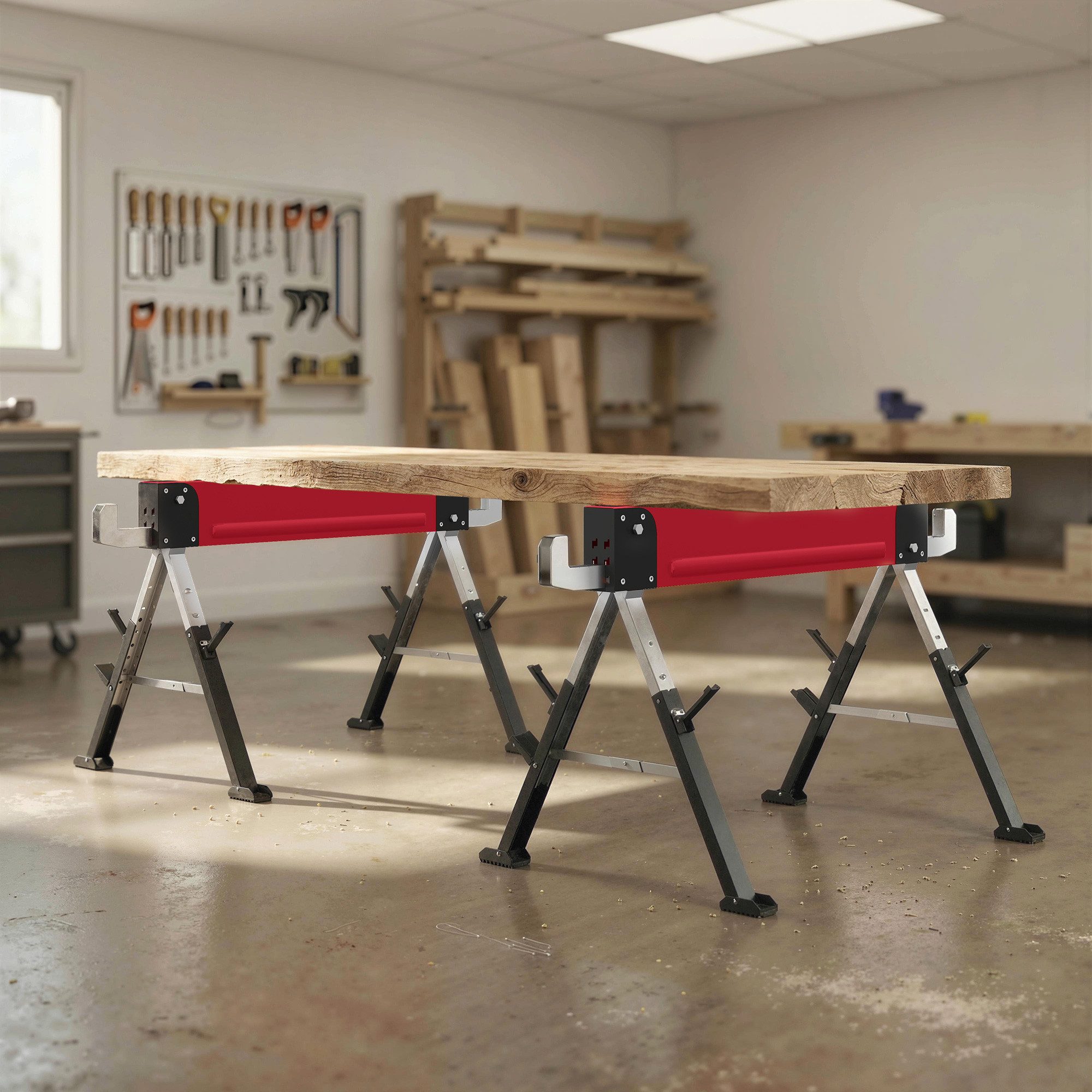 HOMCOM Sägebock Set klappbar 7-fach höhenverstellbar Unterstellbock, 1160 kg max. Belastbarkeit, 0 cm max. Stammdurchmesser, (Arbeitsbock, 2-St., Gerüstbock), bis 1160 kg belastbar Rot