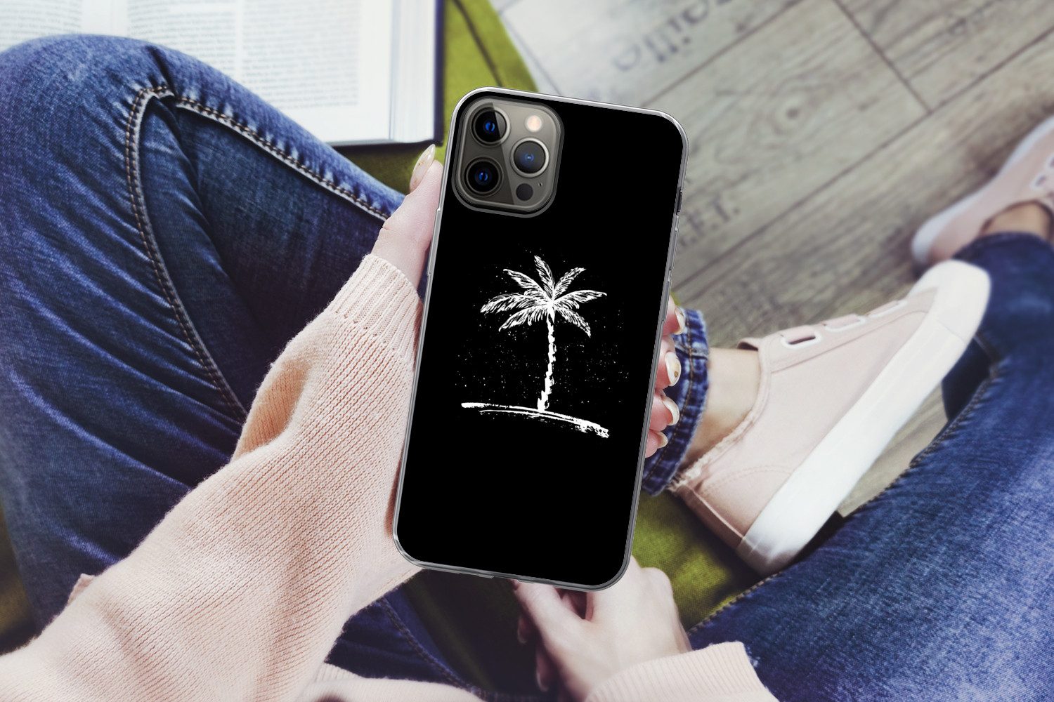 MuchoWow Handyhülle für Apple iPhone 13 Pro Palme - Weiß - Schwarz - Tropisch, Smartphone-Bumper, Print, Handy Schutzhülle Dünn