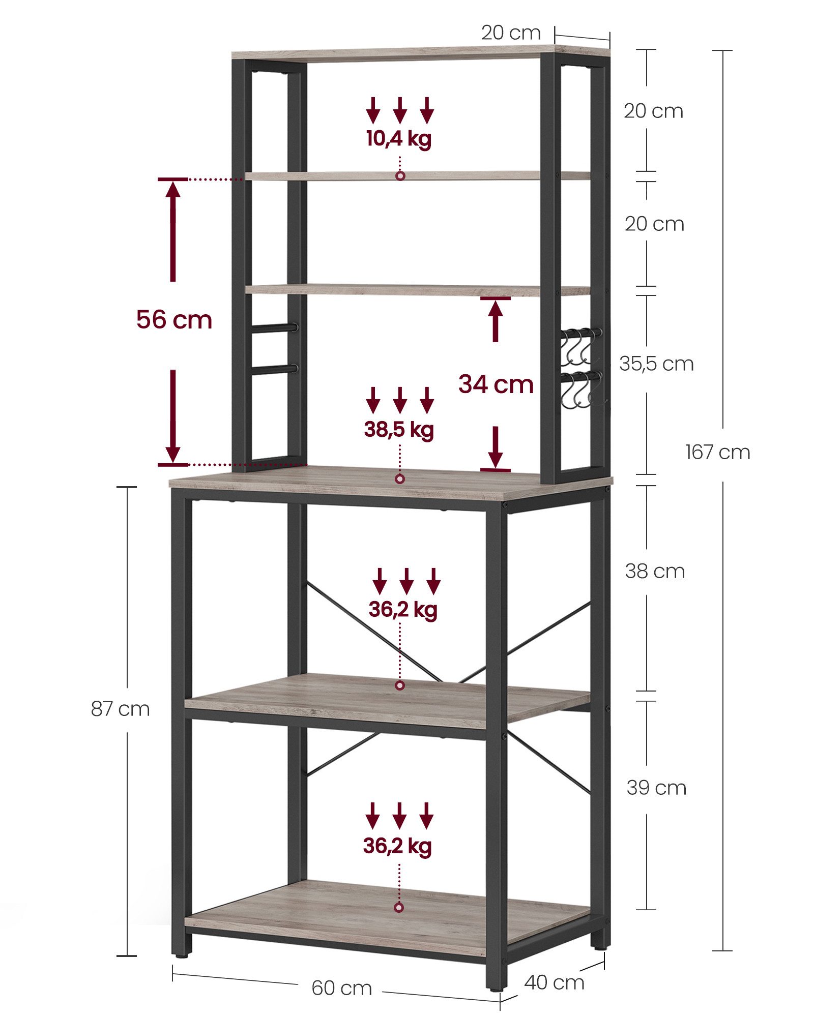VASAGLE Standregal Küchenregal, Mikrowellen-Regal, 6 Haken, 6 Ablagen, 40 x 60 x 167 cm, Stahlrahmen, Industrie-Design, für Küche