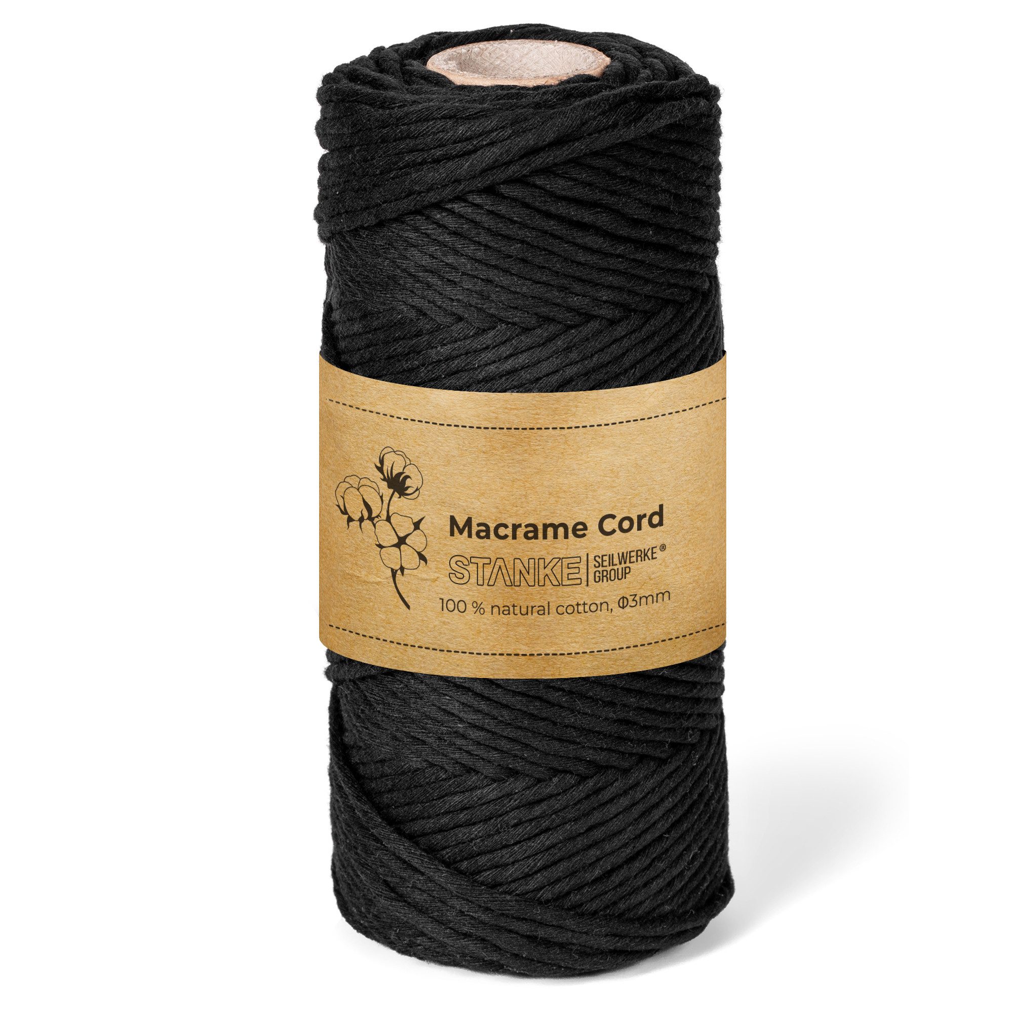 STANKE Makramee Garn 3mm 100 m Farbe Schwarz - Baumwollgarn für Boho Bastelgarn, 100 m (100m Rolle, 1-St., 100m Rolle), DIY, Körbchen, Traumfänger für Untersetzer, Taschen 100% Baumwolle