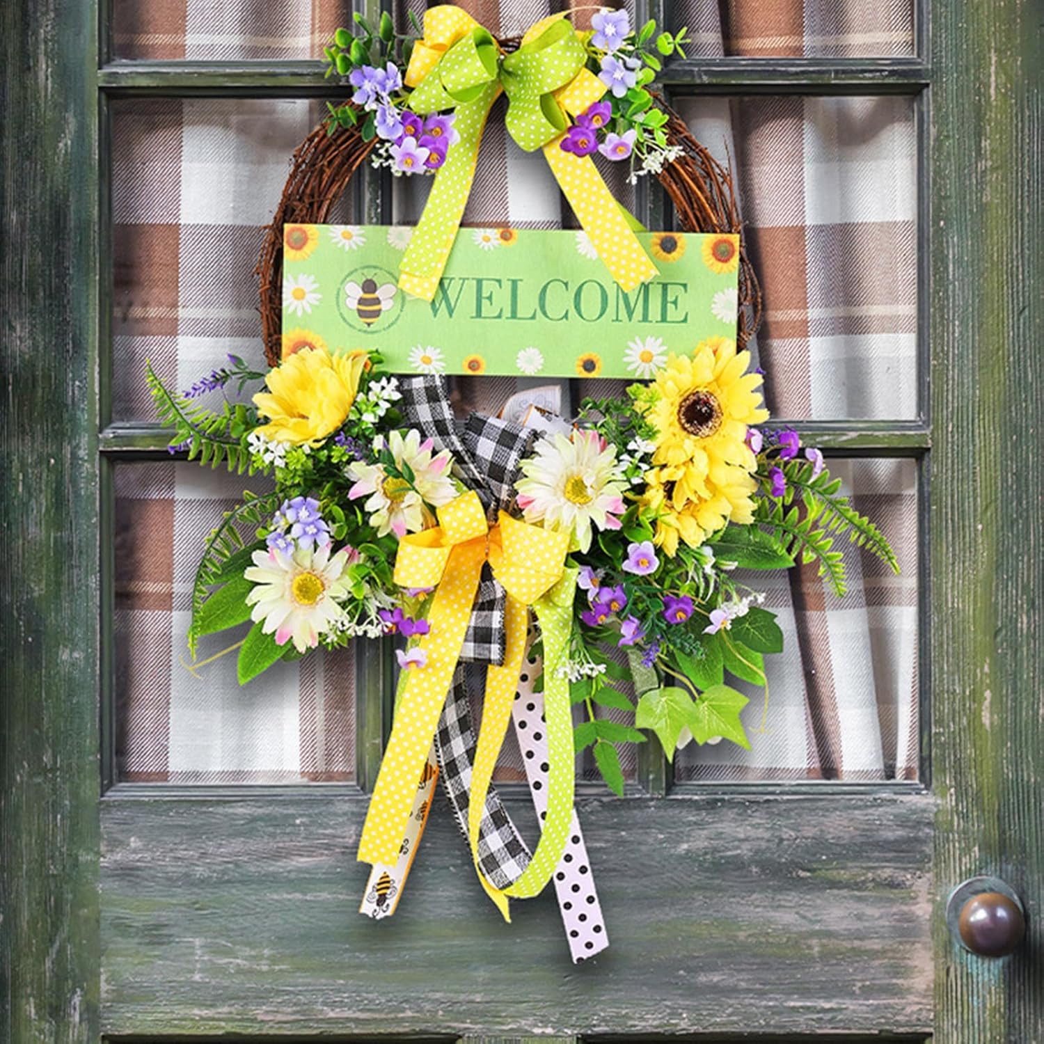 FELIXLEO Duschvorhangklammer Kunstblumen Kranz Deko, Sonnenblume Outdoor Türkranz für Haustür