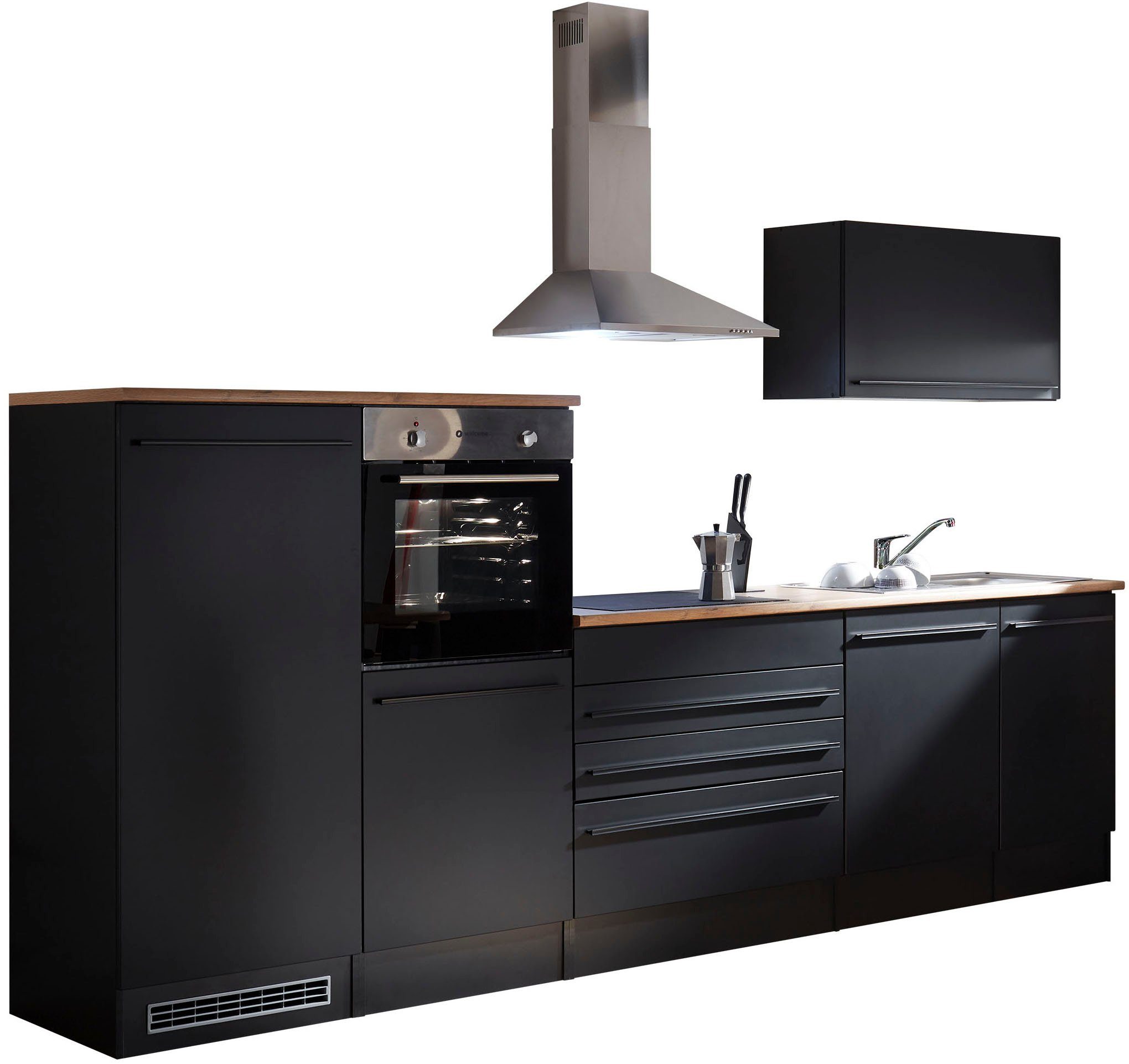 | Küchenzeile BASIC Breite schwarz MDF eiche by matt/schwarz Jazz, Balculina matt schwarz matt 320 mit cm, wahlweise MDF-lanzelot E-Geräten