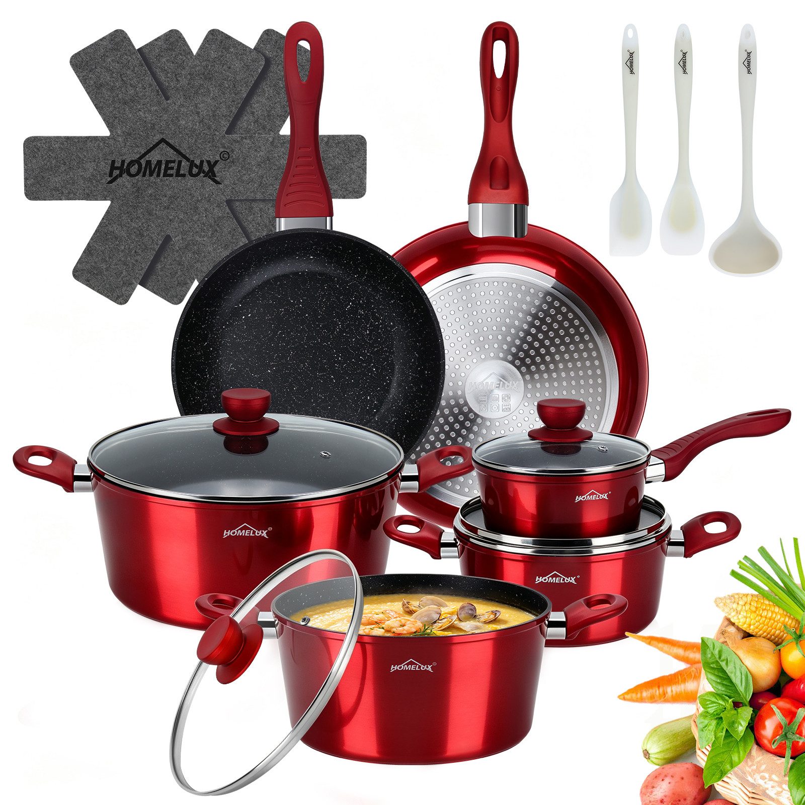 HOMELUX Topf-Set Induktions Töpfe Set Classic Antihaftbeschichtung Kochtopfset, Aluminium (Kochgeschirr-Set, 15-tlg., 3x Kochtopf, 2x Bratpfanne,1x Saucentopf,4x Glasdeckel,5x Zubehör), Induktionsgeeignet