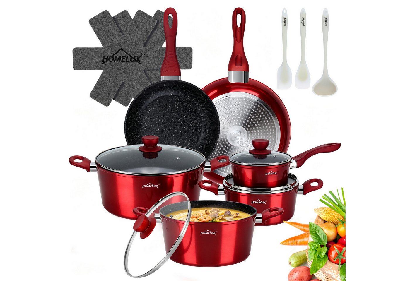 HOMELUX Topf-Set Induktions Töpfe Set Classic Antihaftbeschichtung Kochtopfset, Aluminium (Kochgeschirr-Set, 15-tlg., 3x Kochtopf, 2x Bratpfanne,1x Saucentopf,4x Glasdeckel,5x Zubehör), Induktionsgeeignet