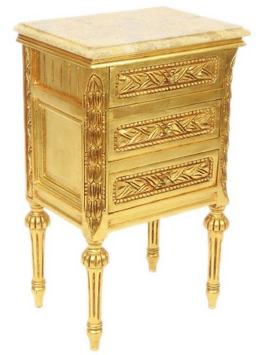 Casa Padrino Beistelltisch Barock Beistelltisch mit 3 Schubladen und Marmorplatte Gold / Creme 45 x 55 x H. 75 cm - Barockmöbel