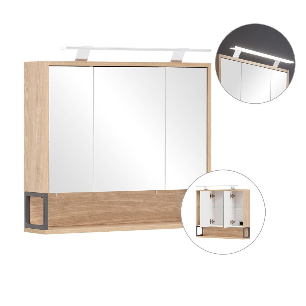 Lomadox Spiegelschrank LIMOGES mit Beleuchtung -80 in Eiche hell Nb., B/H/T: ca. 70/68/16 cm
