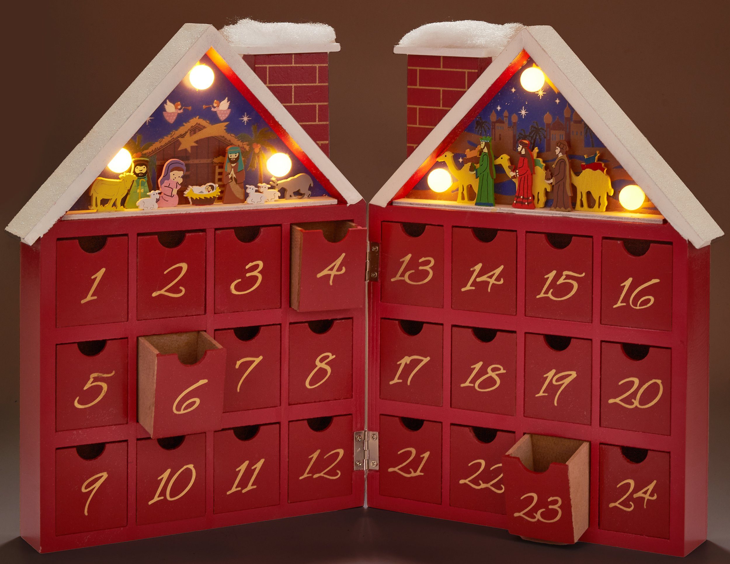 BRUBAKER befüllbarer Adventskalender Weihnachtskalender zum Befüllen - Kalender Weihnachten 21 x 9 x 30 cm (Wiederverwendbar, 1-tlg), Weihnachtshaus Krippenspiel Rot - LED-Beleuchtung