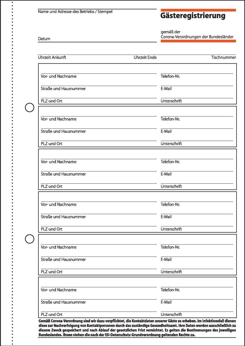 Formularblock Formularbuch Gästeregistrierung A5 100 Blatt